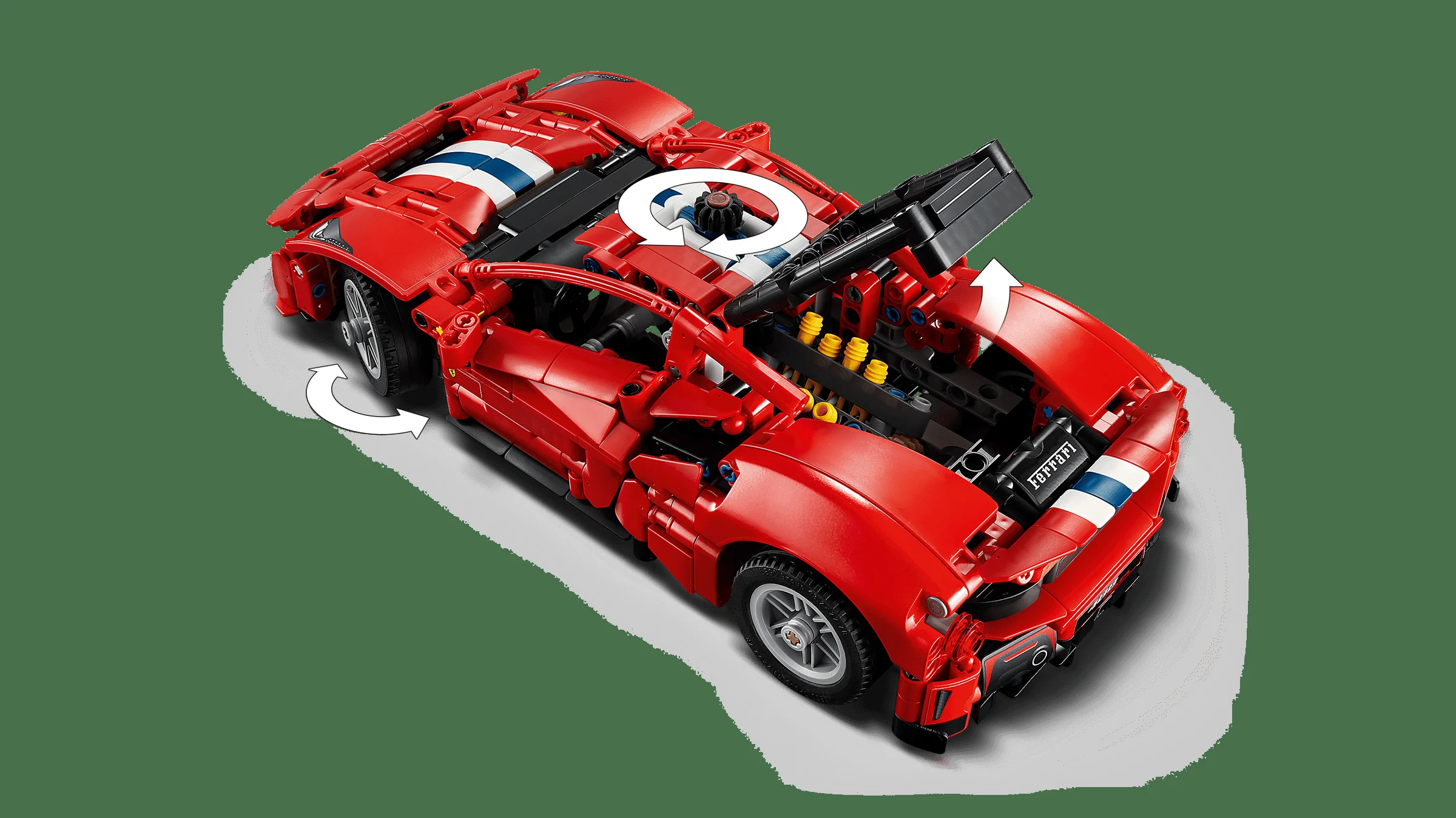 Ferrari 488 Pista roșu, cu capota ridicată, arătând motorul. Elemente funcționale evidențiate.