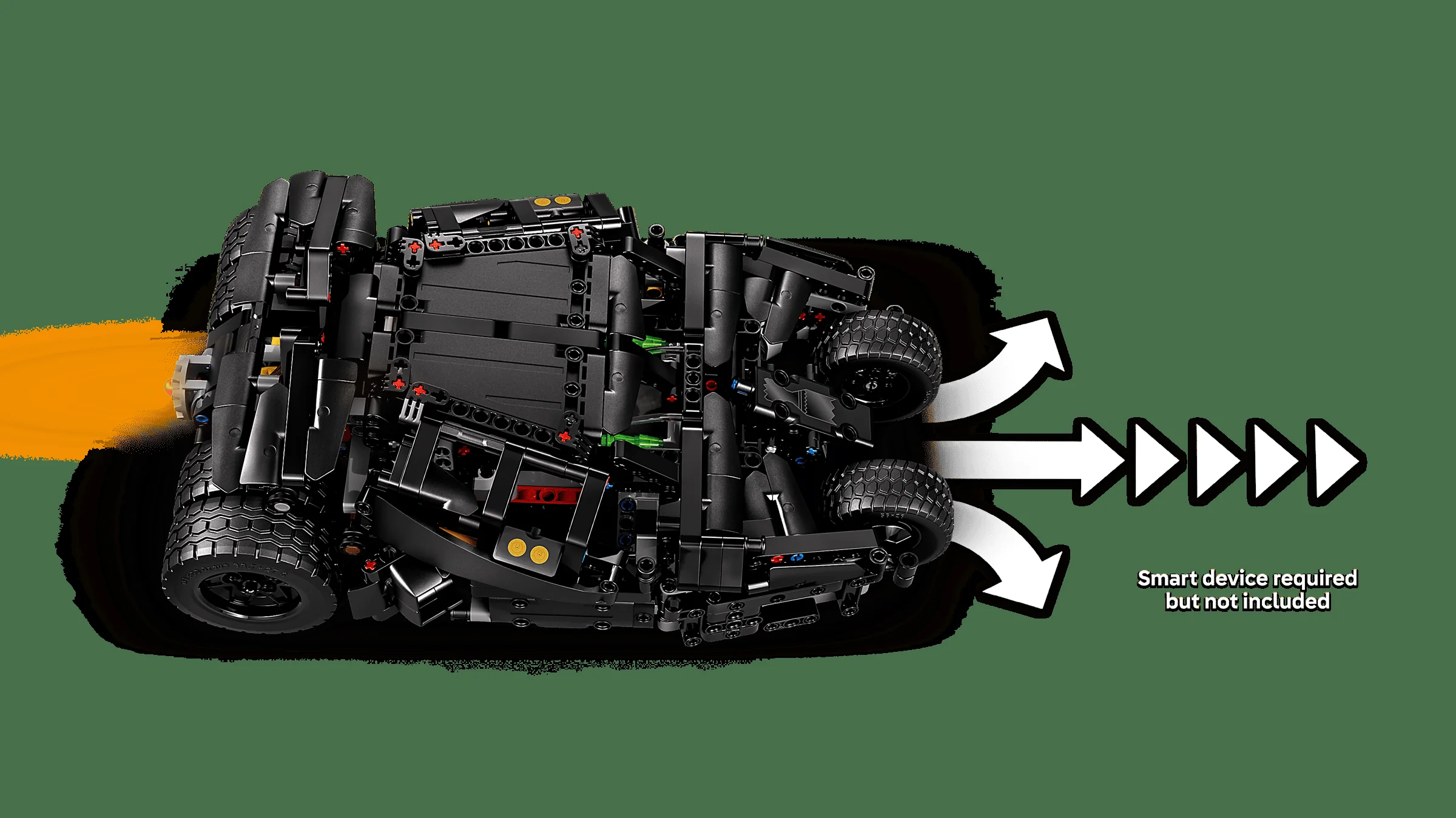 Imagine a modelului Batmobile Tumbler de la LEGO Technic, văzut de dedesubt, cu detalii tehnice.