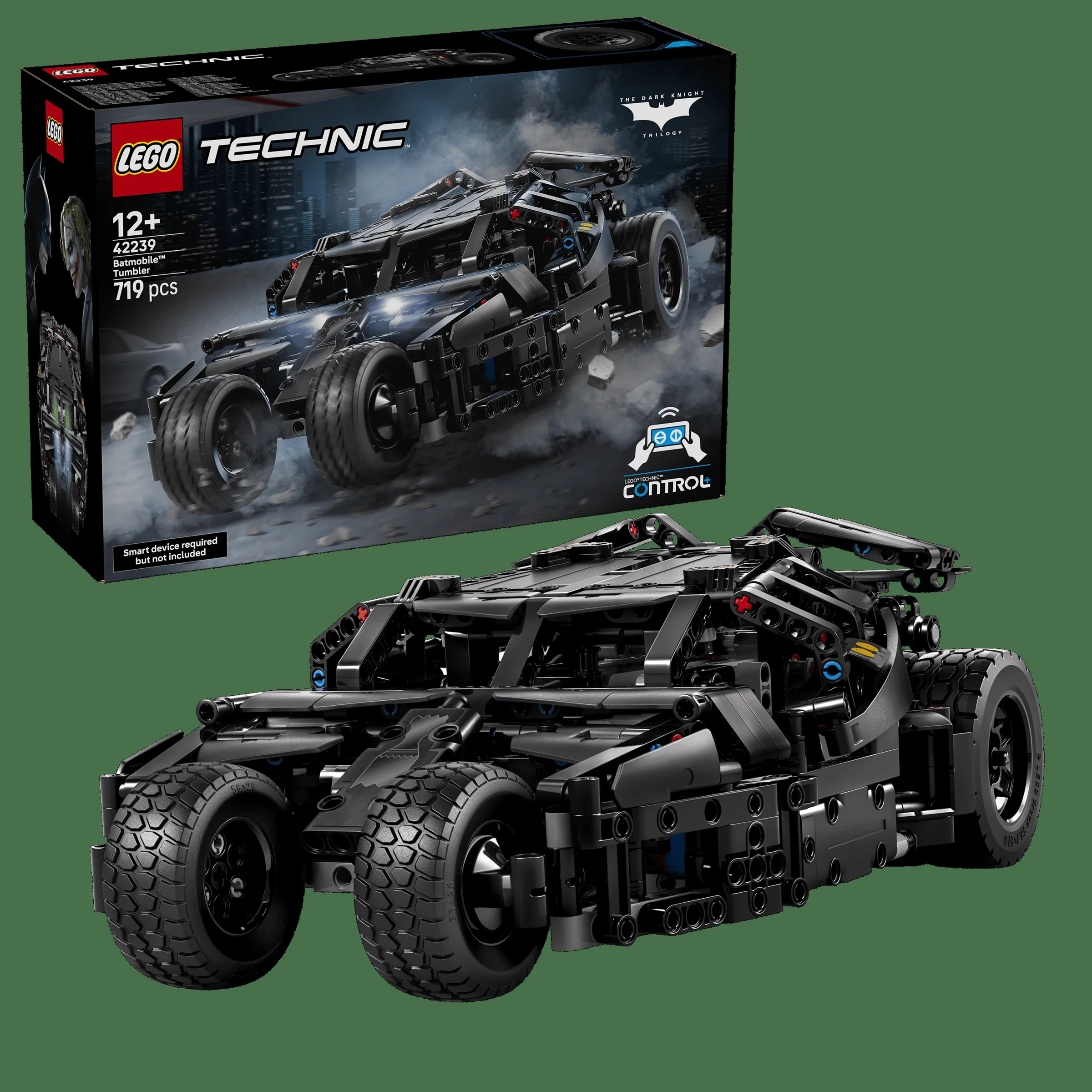 Imagine cu setul LEGO Technic 42239 Batmobile Tumbler și cutia. Aspect detaliat al modelului.