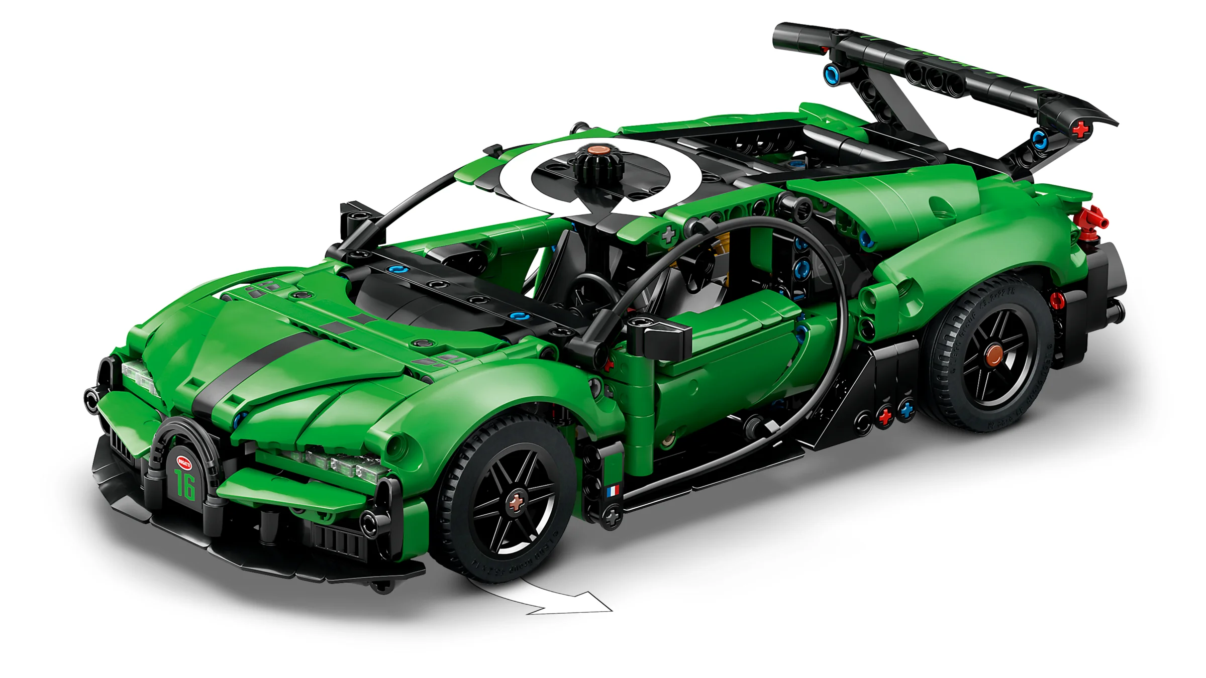 Modelul LEGO Technic Bugatti Chiron Pur Sport, verde, văzut dintr-un unghi înalt.