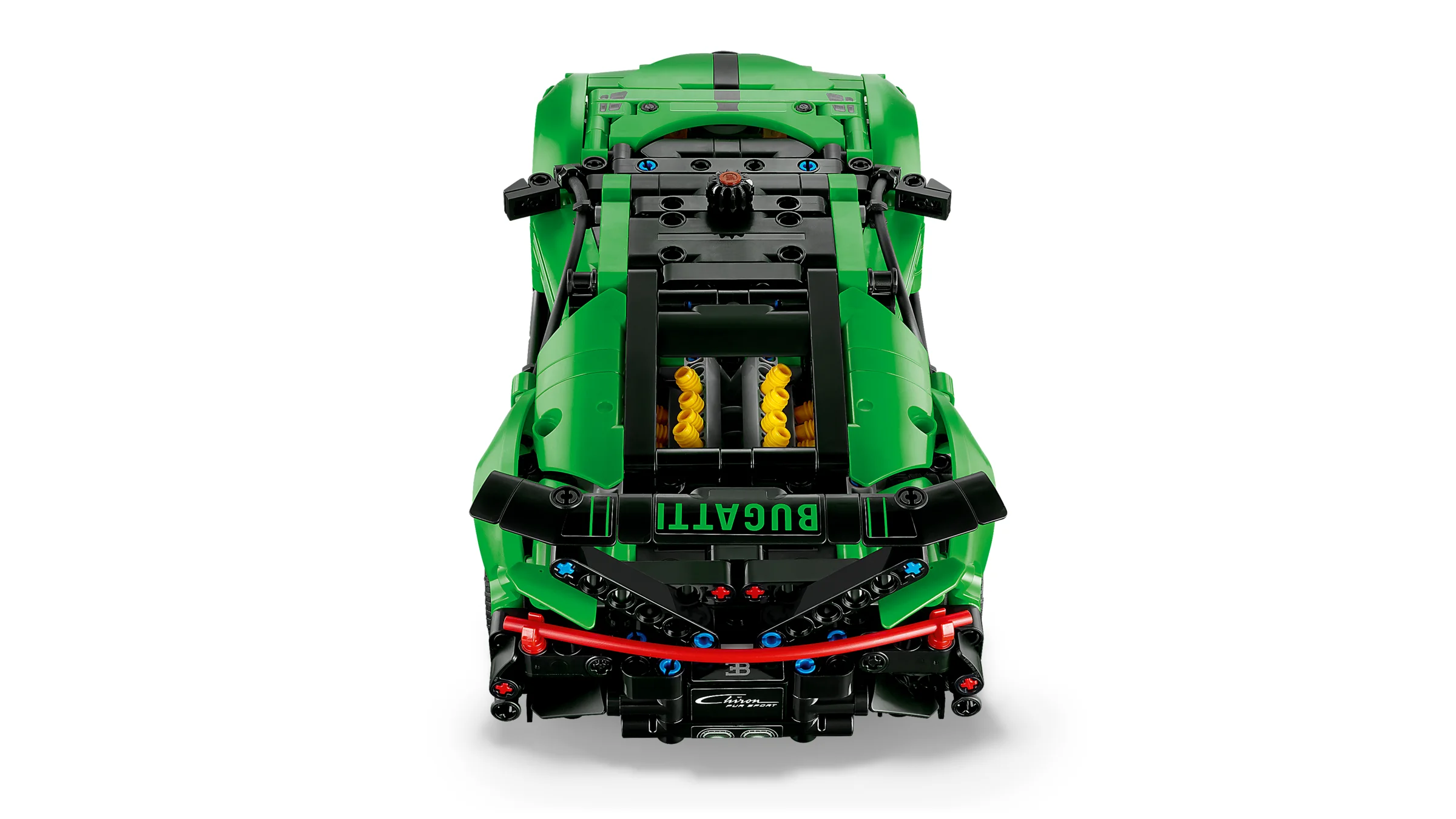 Vedere din spate a modelului LEGO Bugatti Chiron Pur Sport verde. Detalii tehnice vizibile.