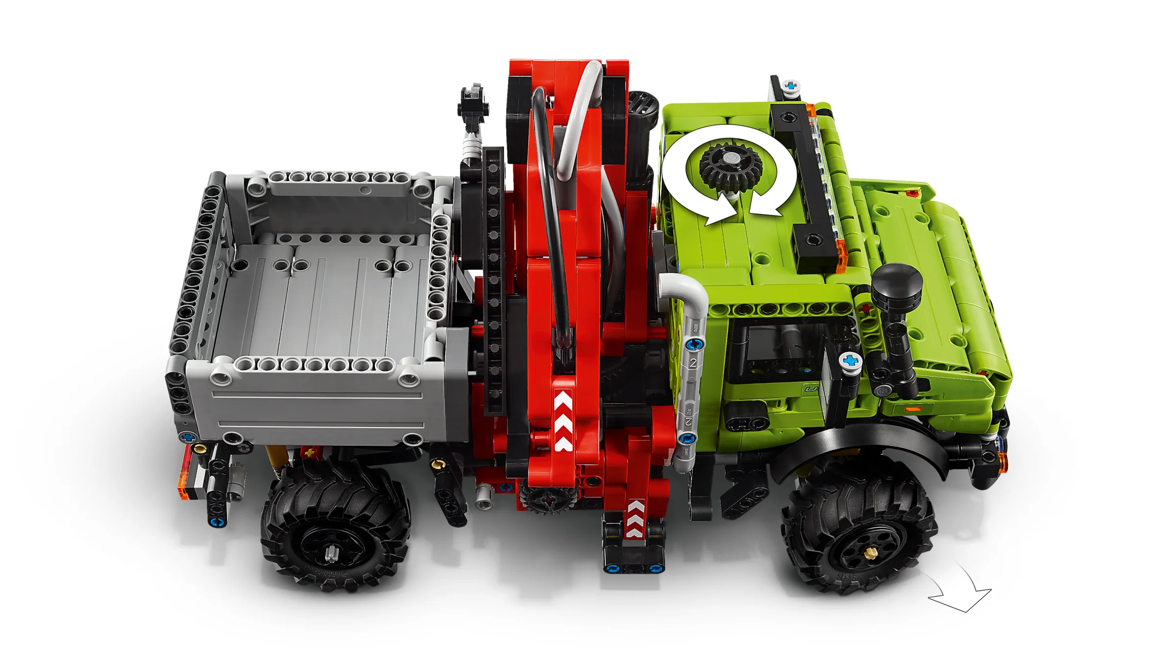 Camionul Mercedes-Benz Unimog U 5023 cu macara. Detalii complexe.