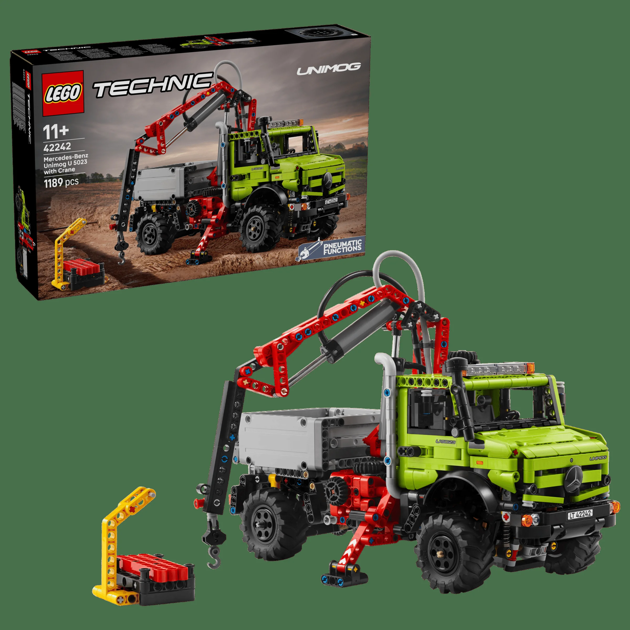 Imagine cu camionul Mercedes-Benz Unimog U 5023 cu macara LEGO Technic, setul 42242.