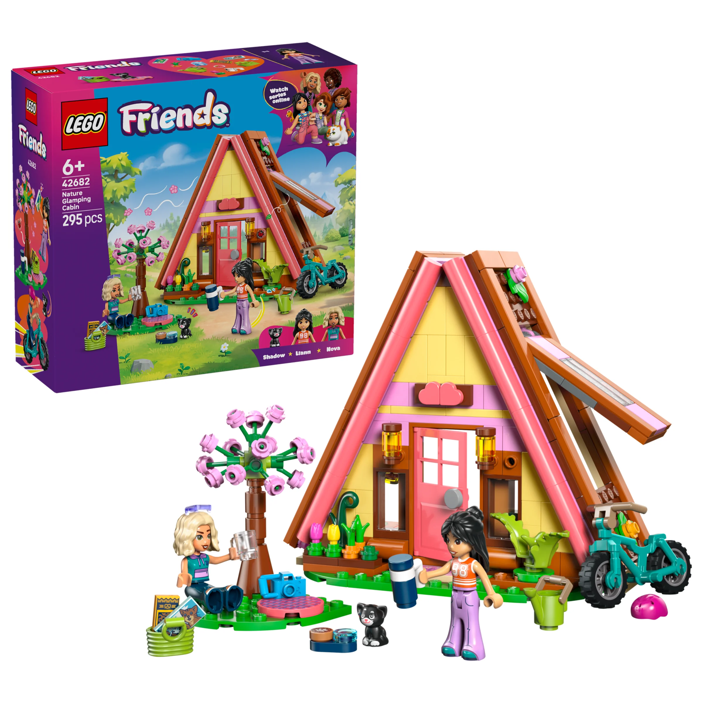 Imagine cu setul LEGO Friends 42682, cabană de glamping în natură și minifigurine.