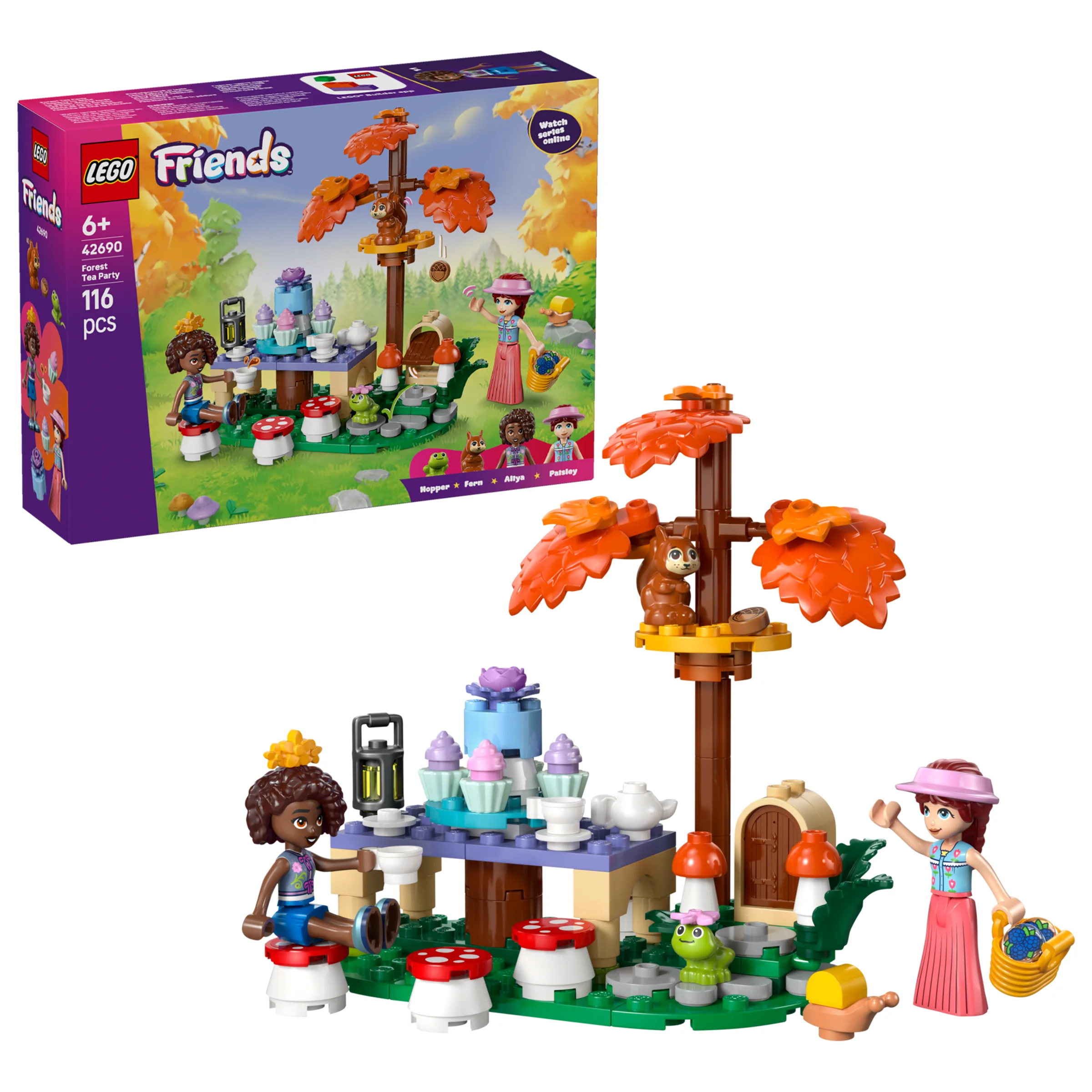 Imagine cu setul LEGO Friends 42690, cu o petrecere în pădure și minifigurinele Aliya și Paisley.