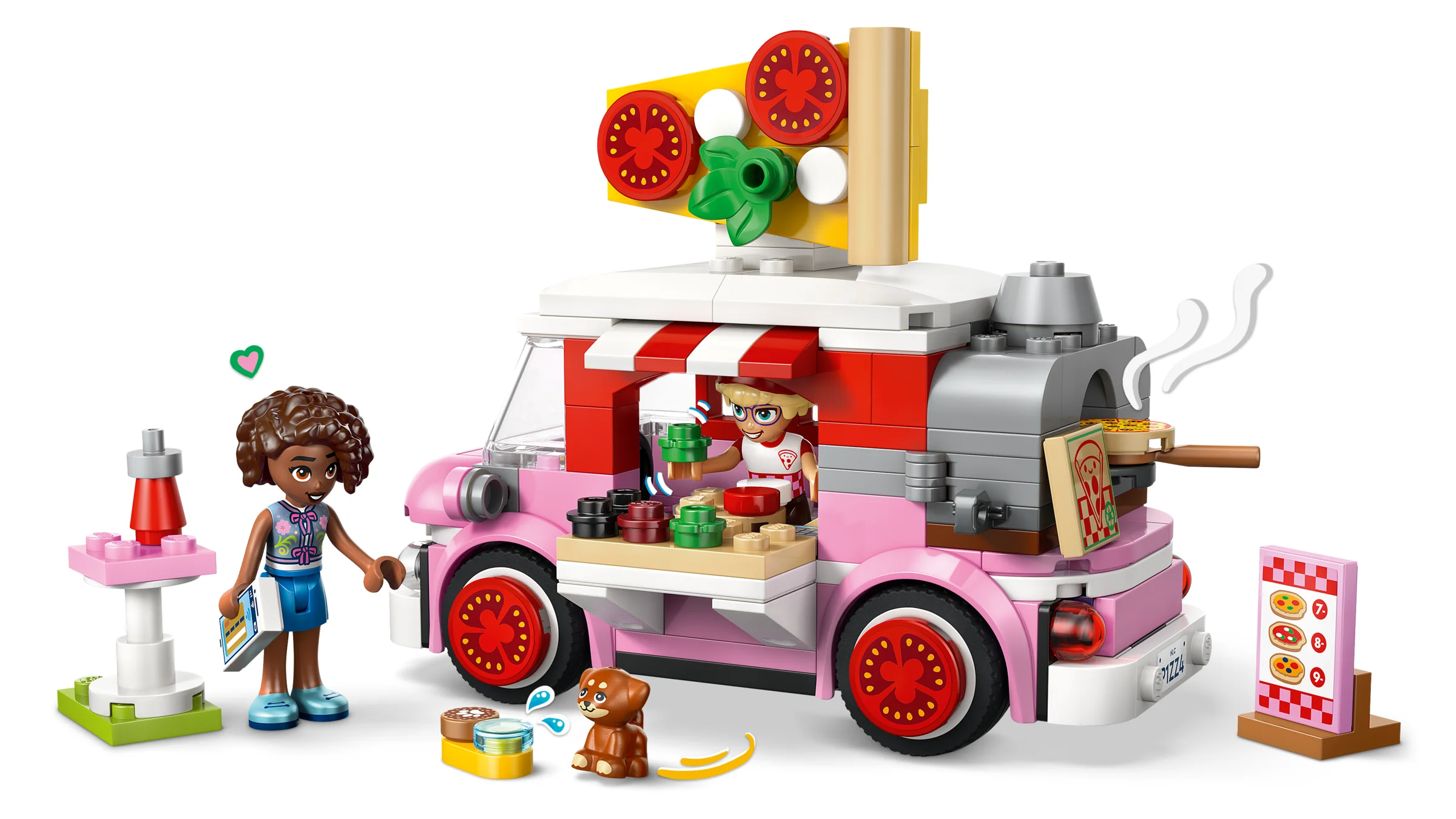 Imagine cu camioneta de pizza LEGO Friends 42694, cu minifigurine și detalii. Aspect atrăgător.