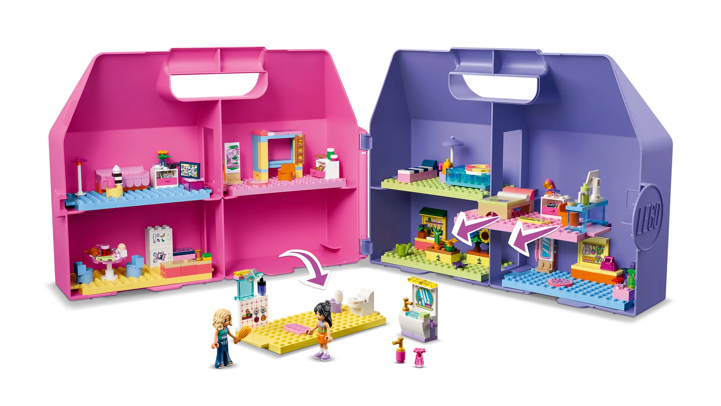 Setul LEGO Friends 42697, cu două case de păpuși în valize, roz și mov, și două minifigurine.