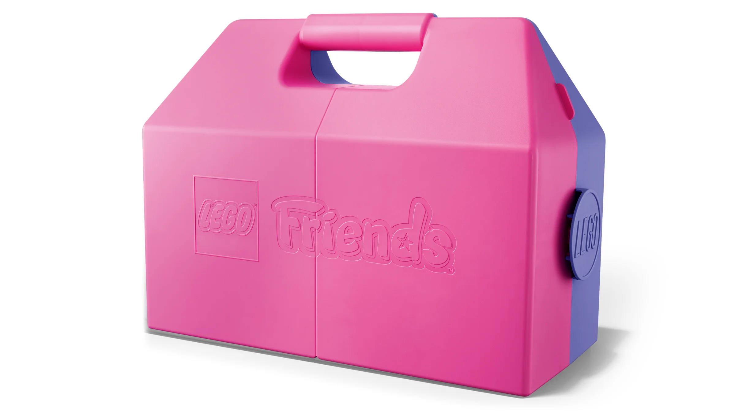 Valiză roz și albastră LEGO Friends, cu logo-urile imprimate. Portabilă și atractivă pentru joacă creativă.