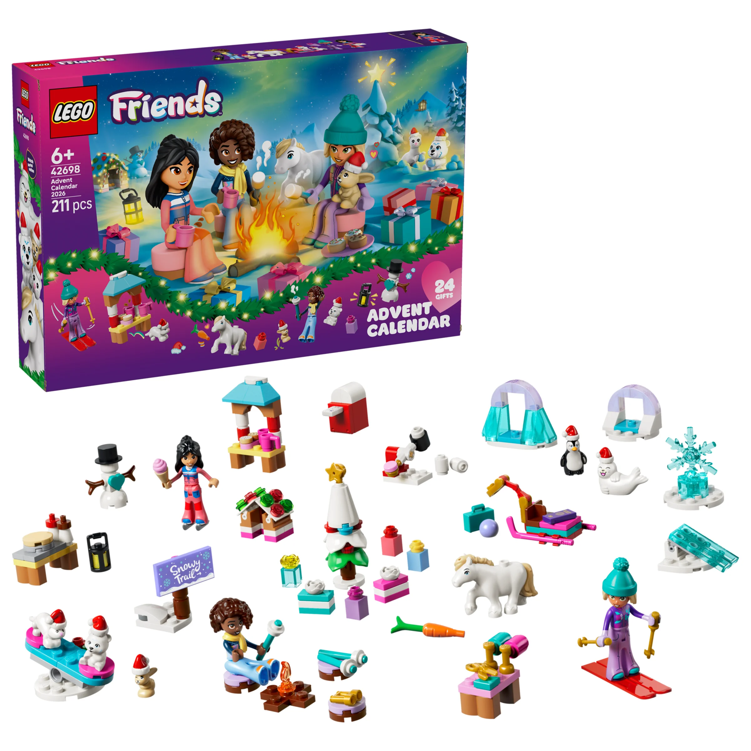 Imagine cu setul LEGO Friends 42698 Calendar Advent 2026, cu cutia și mini-construcții.