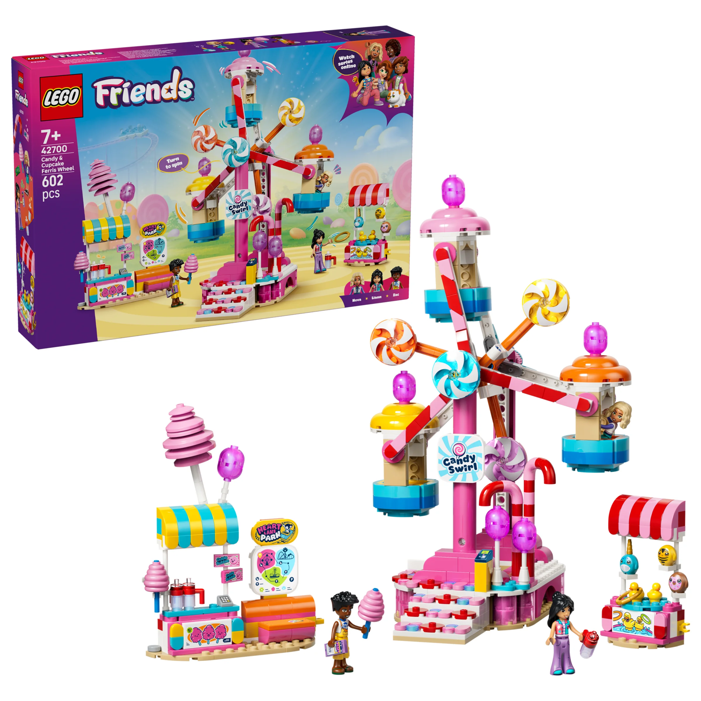 Imagine cu LEGO Friends 42700 Roată Ferris cu Dulciuri și Brioșe, prezentând setul complet și cutia.