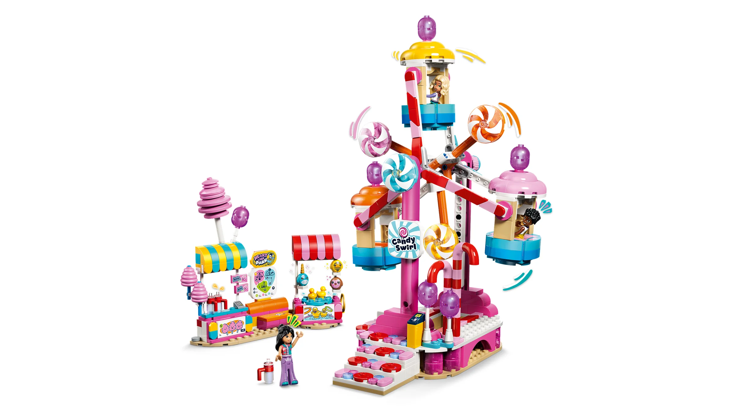 Imagine cu setul LEGO 42700, un carusel de dulciuri colorat, cu minifigurine și accesorii distractive.
