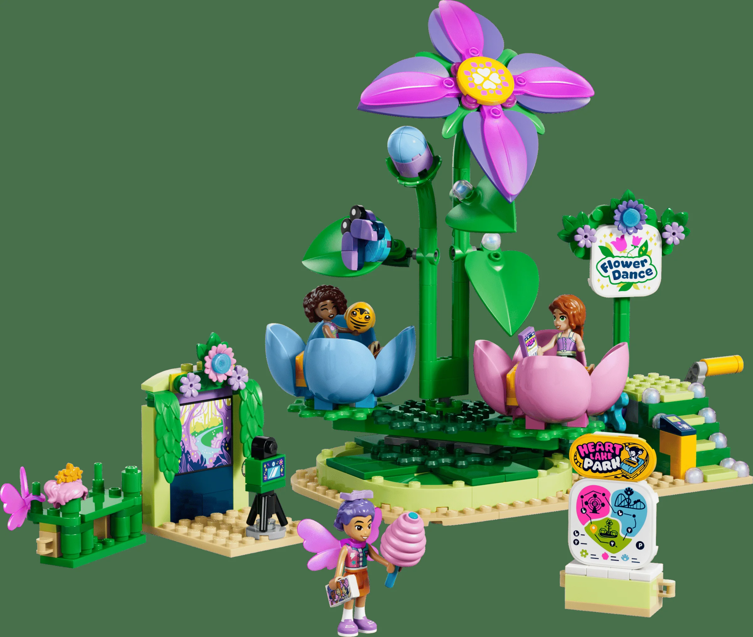 Imagine cu setul LEGO 42702, Călătorie cu ceașcă și zână, cu detalii florale și figurine.