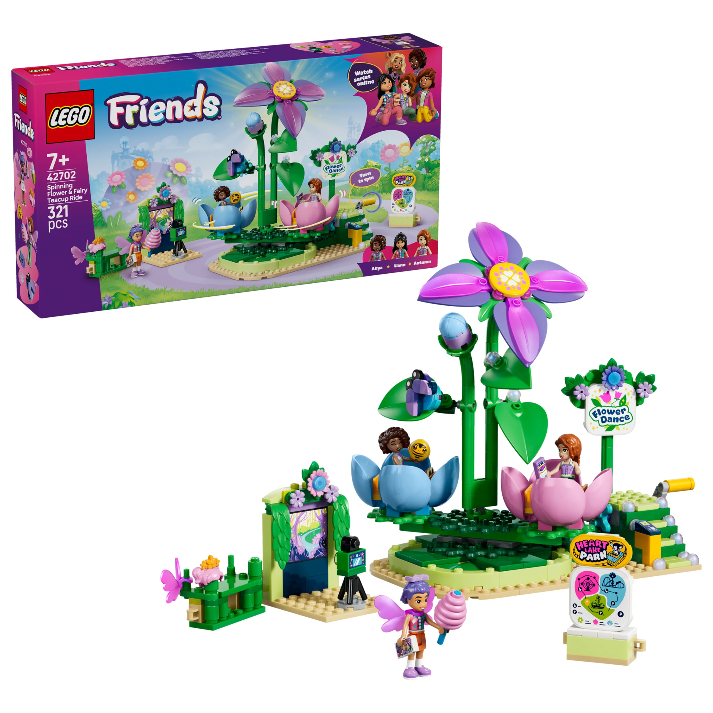 Imagine cu setul LEGO Friends 42702, ce include cutia și modelul asamblat. Carusel floral rotativ.