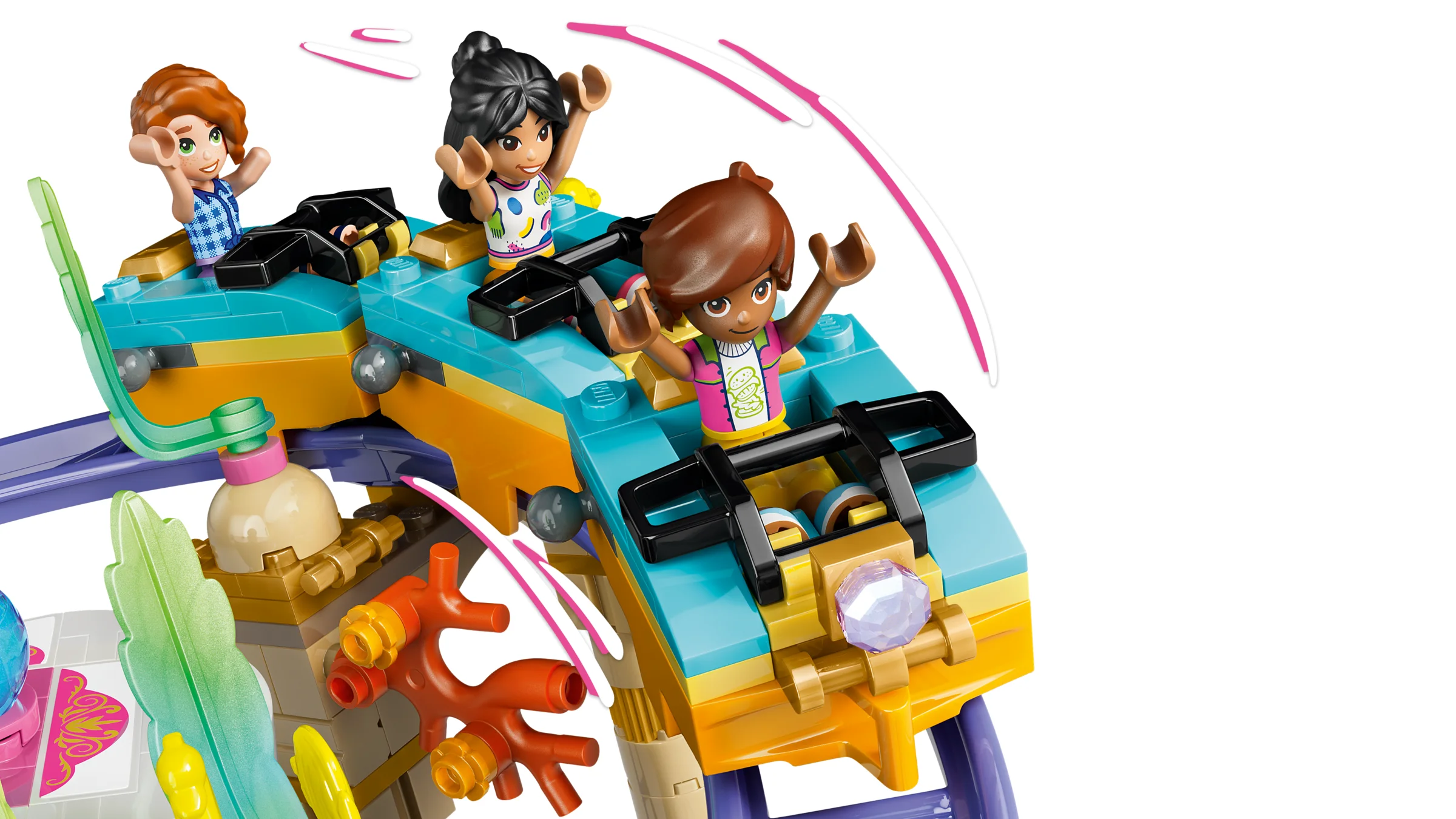 Prim-plan cu minifigurinele pe rollercoaster-ul acvatic, detaliind designul și culorile setului LEGO Friends.