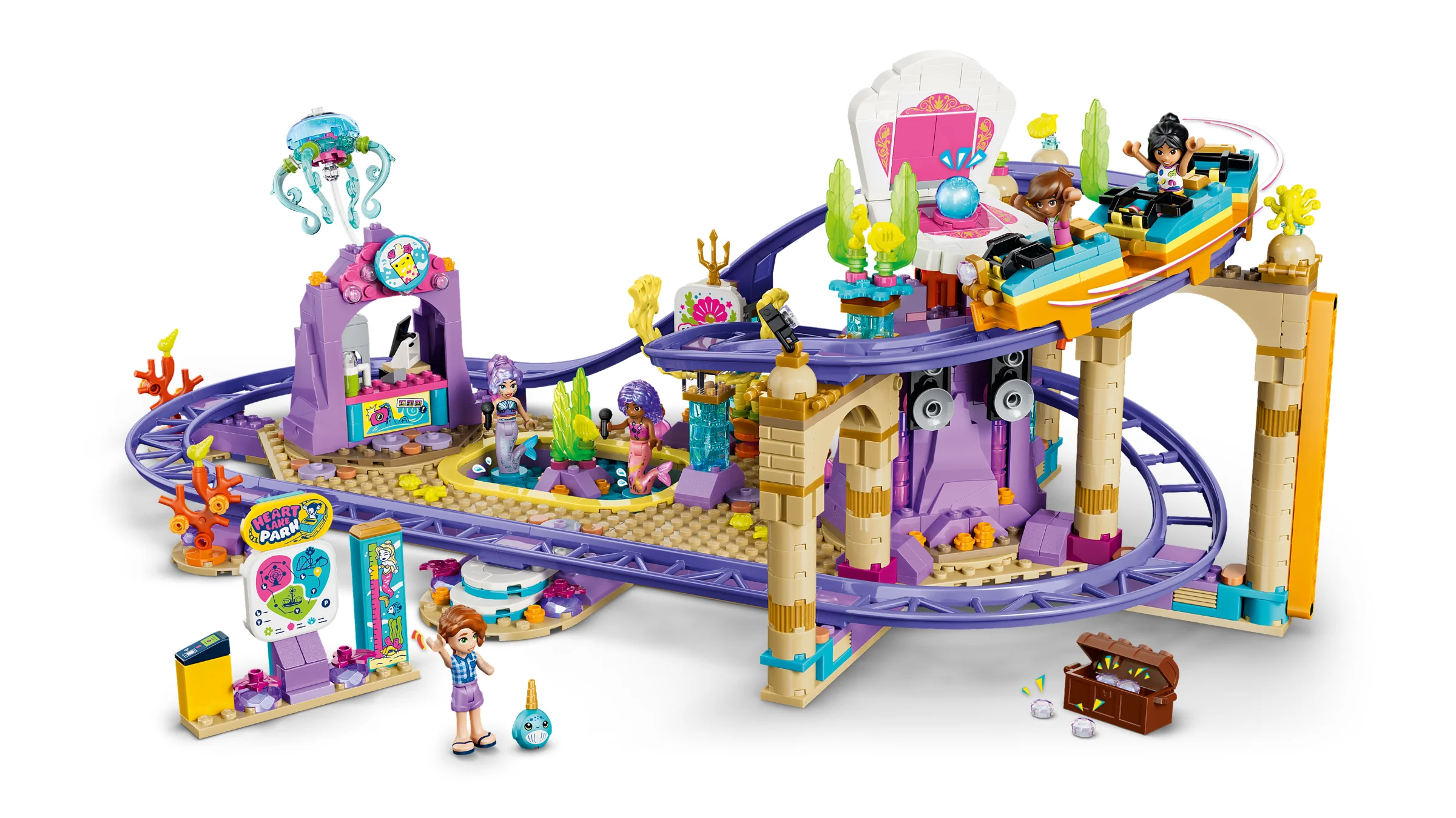 Setul LEGO Friends 42703, un rollercoaster acvatic cu sirene și elemente de parc de distracții.