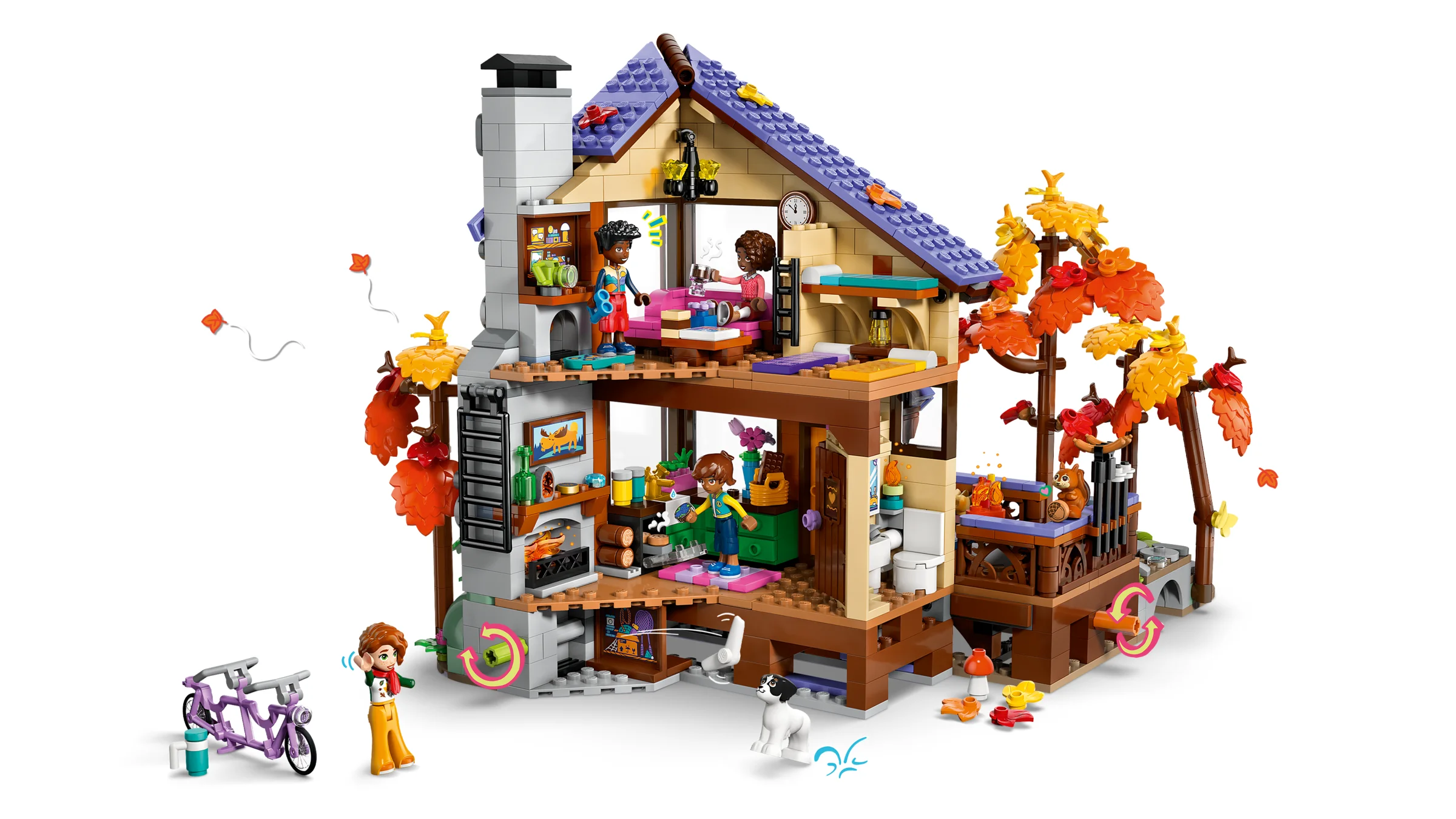 Cabana primitoare de toamnă LEGO Friends, cu detalii interioare și minifigurine.
