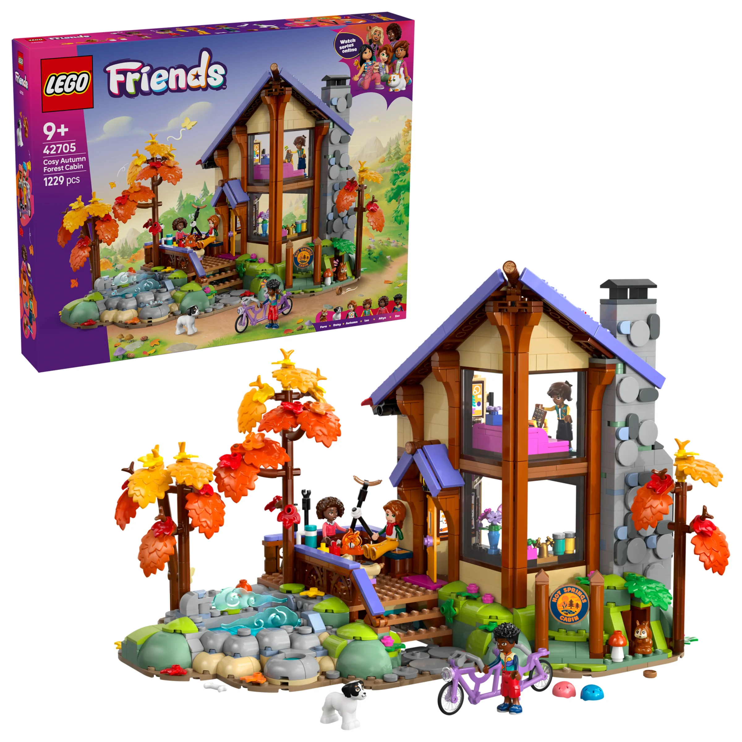 Imagine cu setul LEGO Friends 42705, Cabana de toamnă, incluzând cabana, minifigurine și cutia setului.