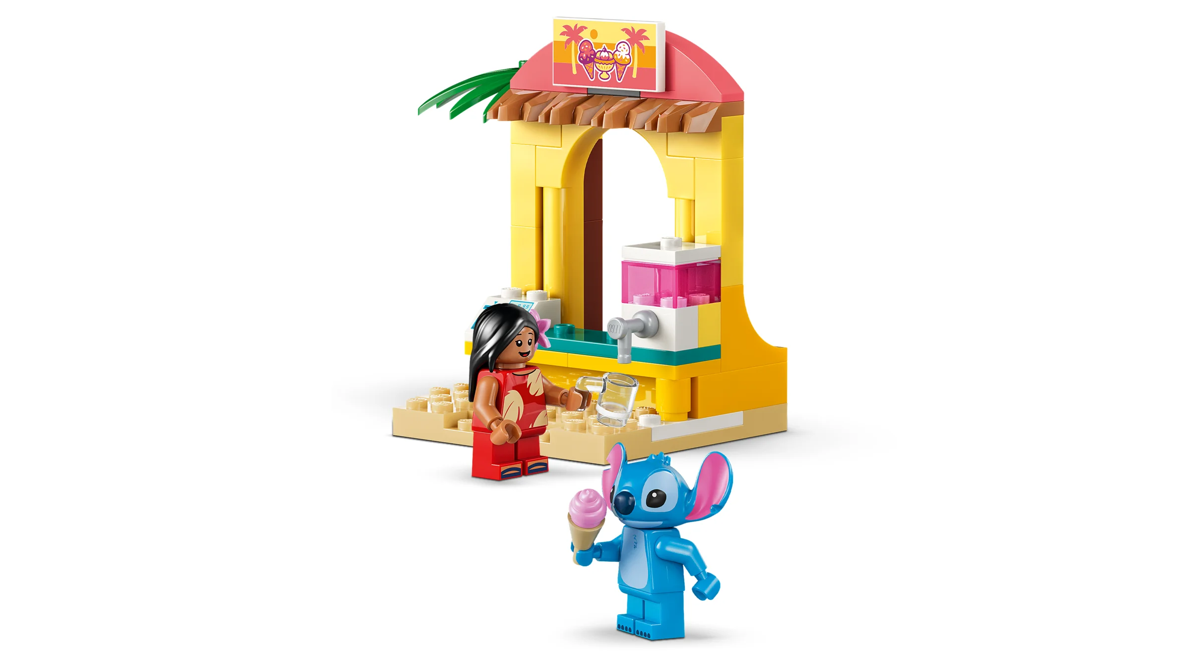 Lilo și Stitch se distrează la plajă, cu suc proaspăt și înghețată, într-un decor viu colorat.