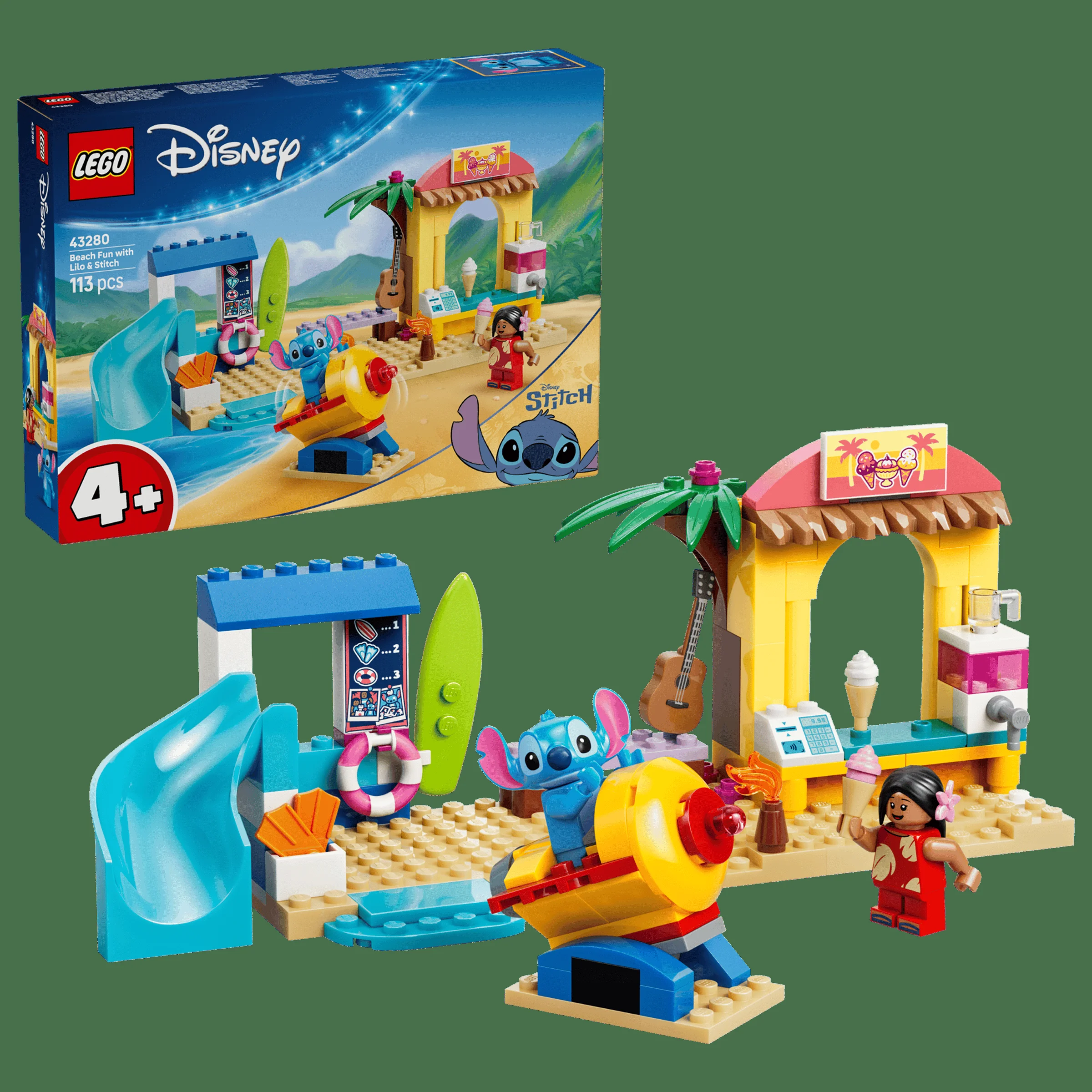 Setul LEGO 43280 Distracție la plajă cu Lilo & Stitch, cu minifigurine și o scenă de plajă colorată.