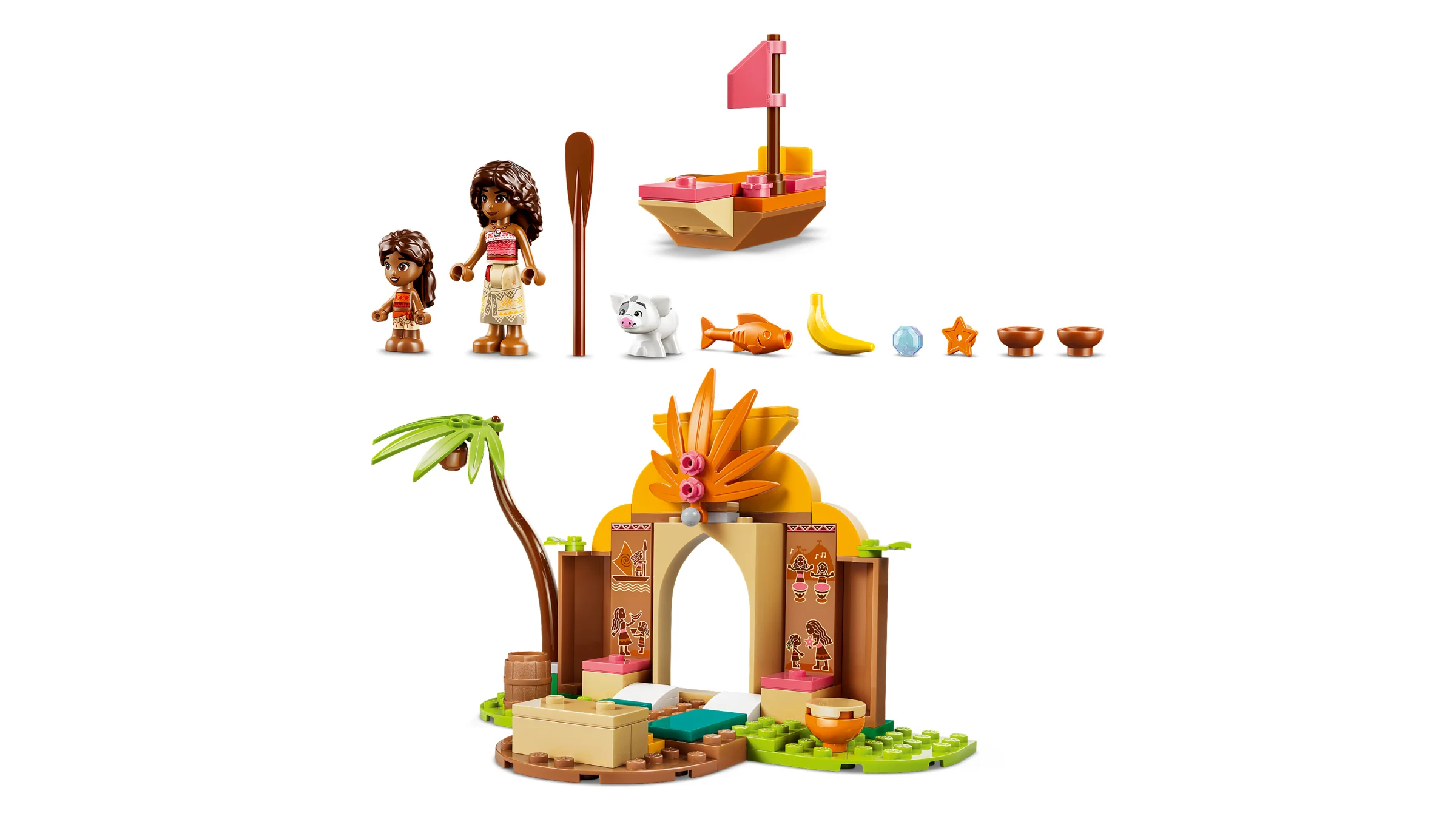 Prezentare a setului LEGO 43282, casa și barca din satul Moana, cu minifigurine și detalii.