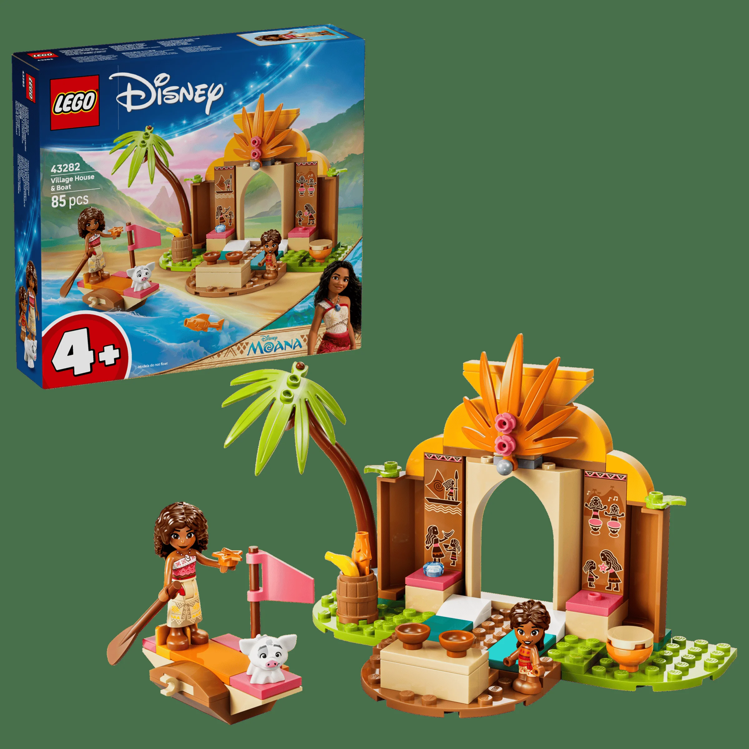 Imagine cu setul LEGO Disney 43282, Casa din sat și barca. Include minifigurine Moana și Pua.