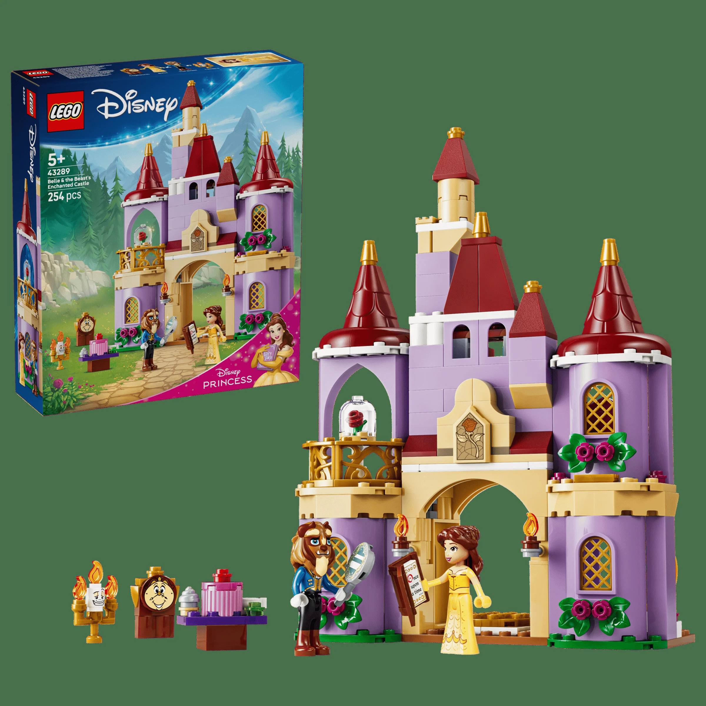 Imagine cu castelul fermecat al lui Belle și al Bestiei, setul LEGO 43289. Include și cutia produsului.