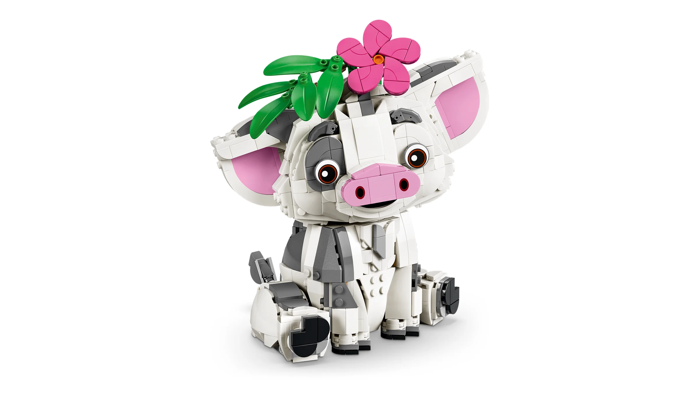 Imagine cu modelul LEGO Pua, personaj din Moana, decorat cu o floare roz.
