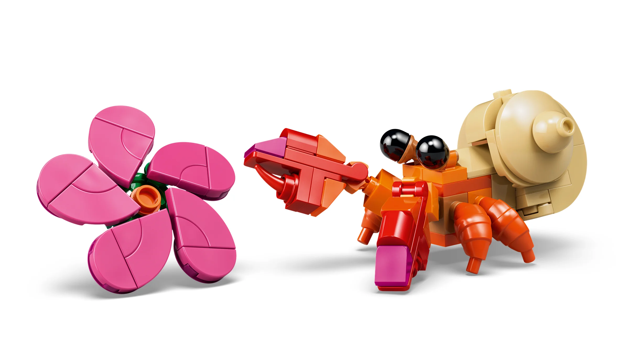 Imagine cu Pua din LEGO și o floare roz, un model atractiv și colorat.