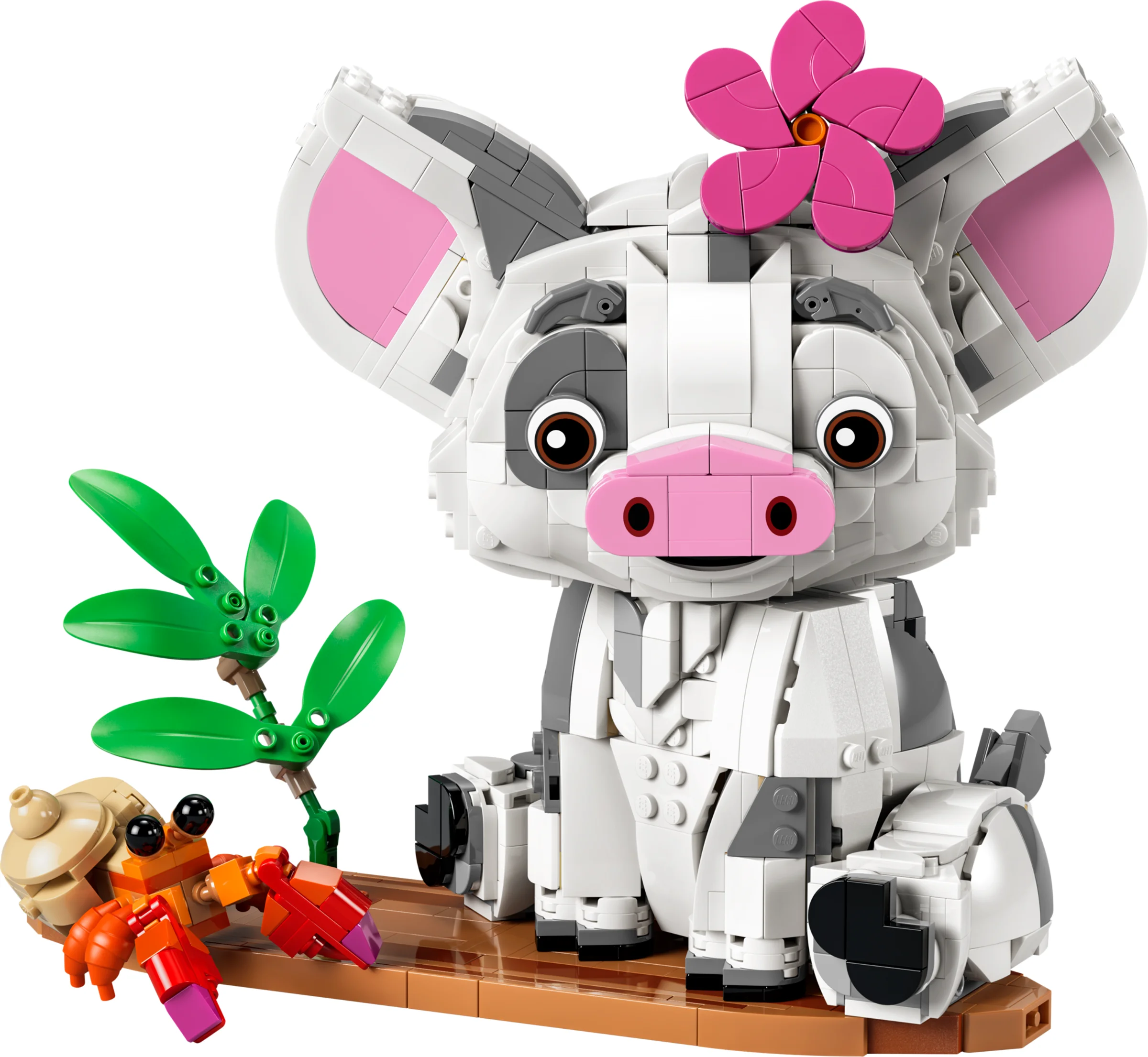 Pua și Hei Hei din LEGO® Disney Moana. Pua are o floare roz pe cap și Hei Hei se află pe o platformă.