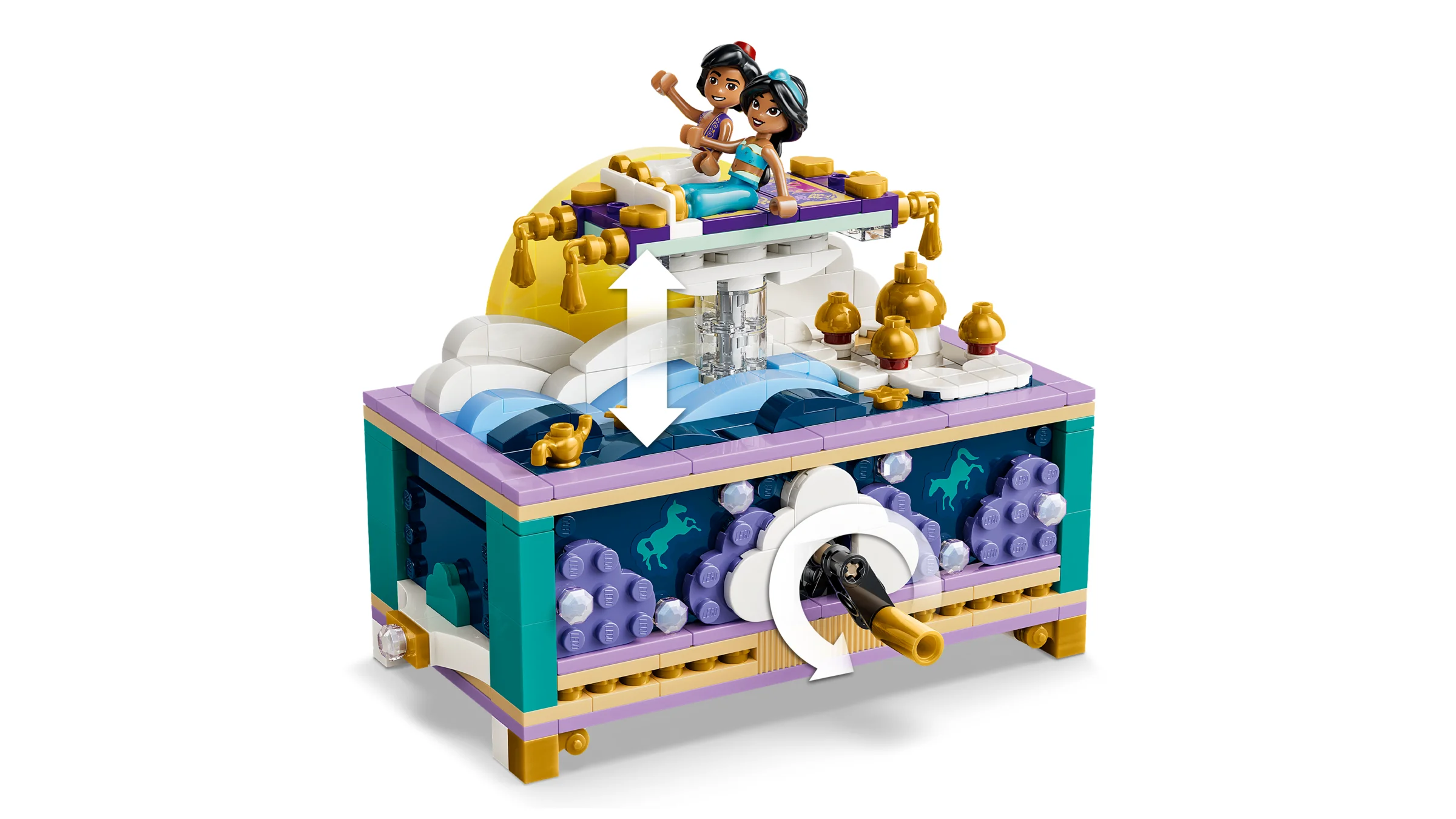 Cutia de bijuterii a lui Jasmine detaliată, cu minifigurinele Jasmine și Aladdin. O scenă magică din Agrabah!