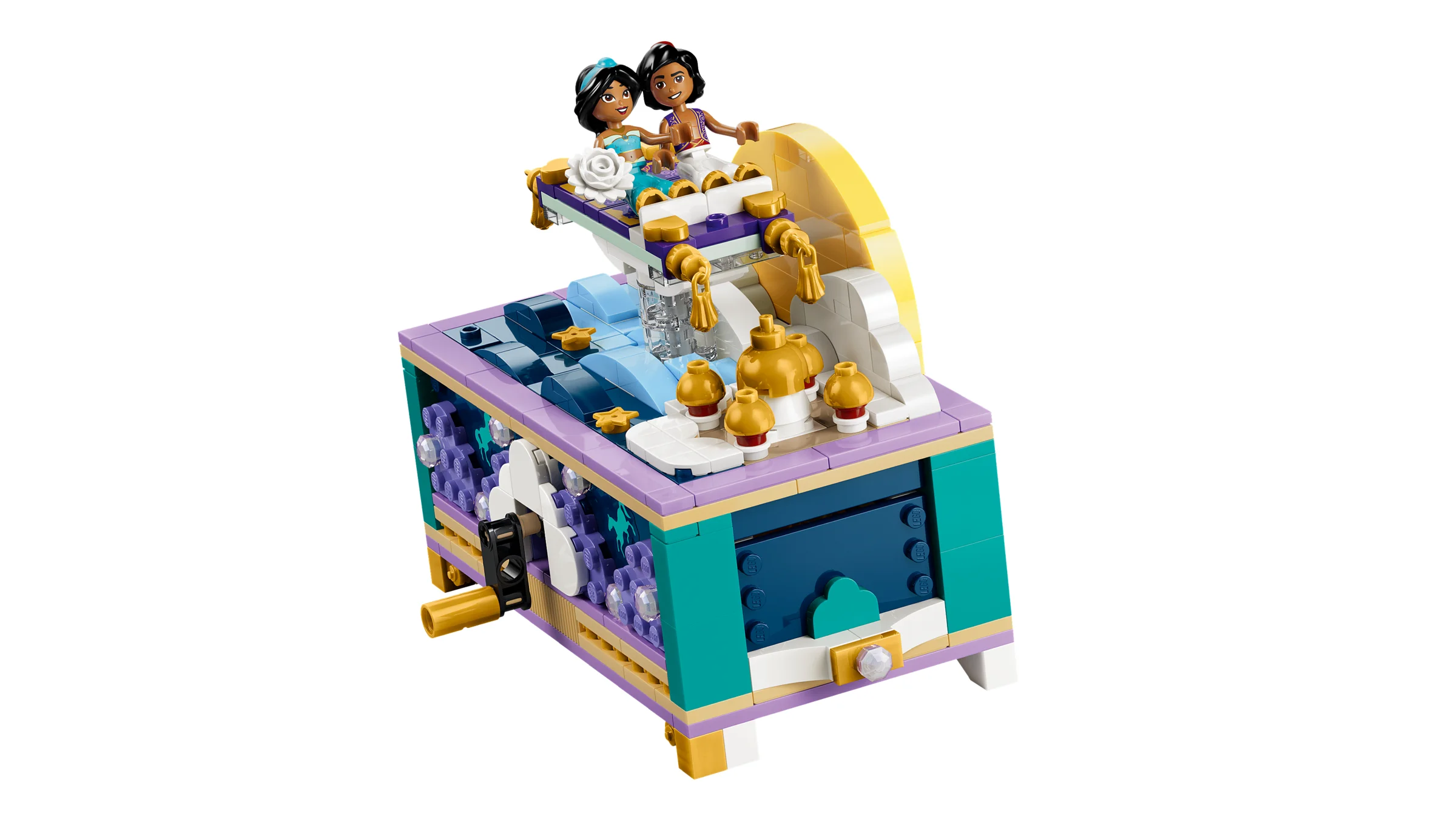 Cutie de bijuterii a lui Jasmine din LEGO Disney, cu Jasmine și Aladdin.