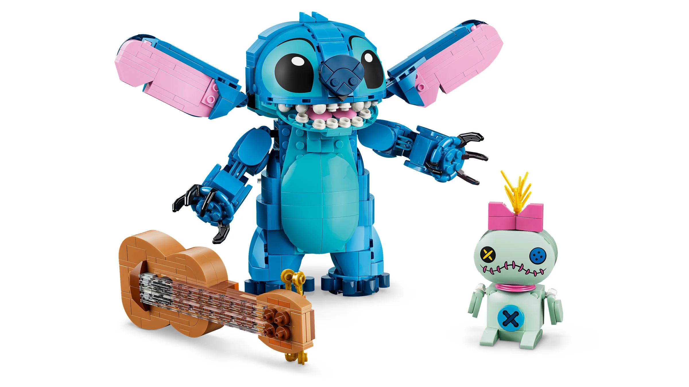 Prezentare cu Stitch, Scrump și o chitară. Modelul LEGO este detaliat și colorat.