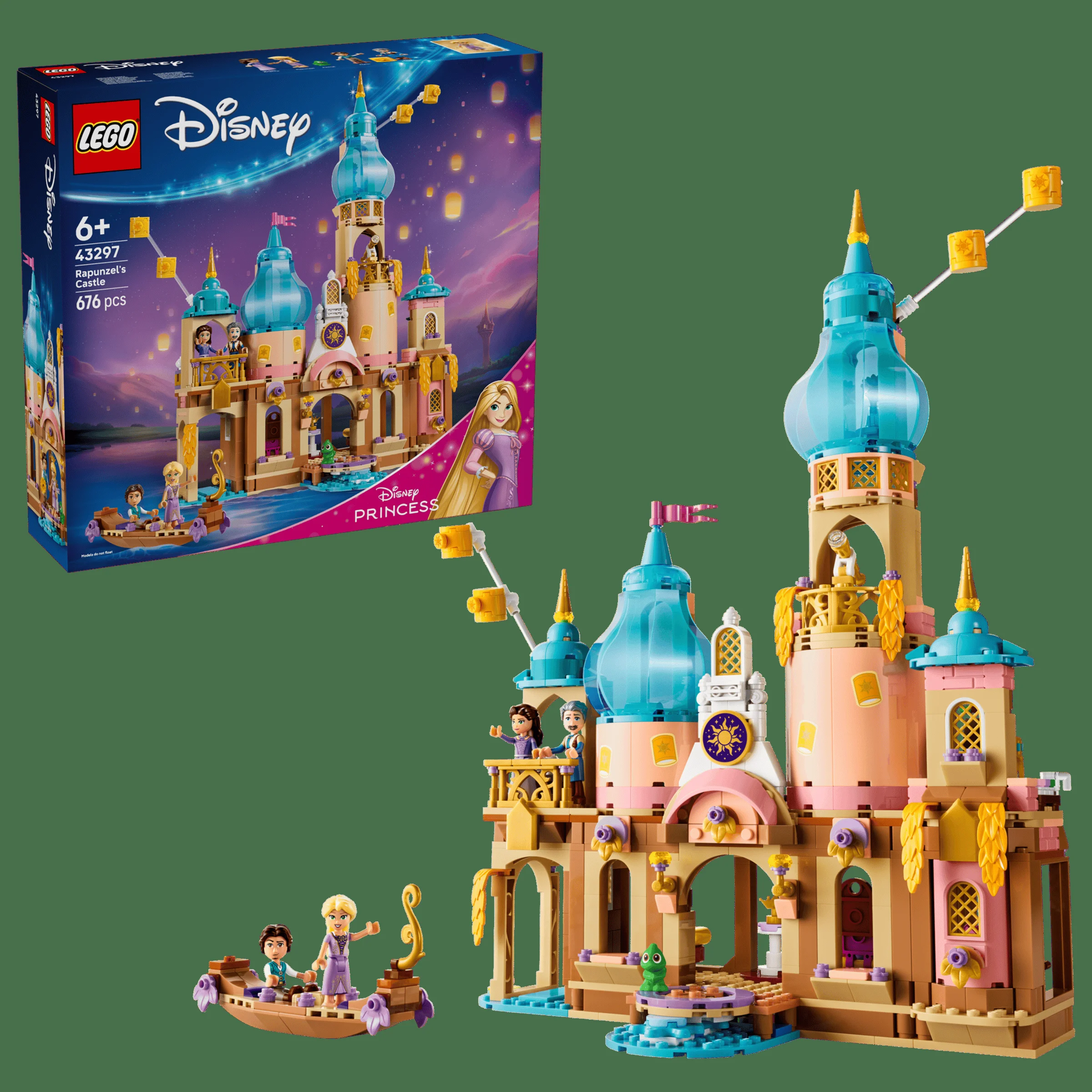 Imagine cu castelul LEGO Rapunzel (43297) și cutia. Ideală pentru prezentarea produsului.
