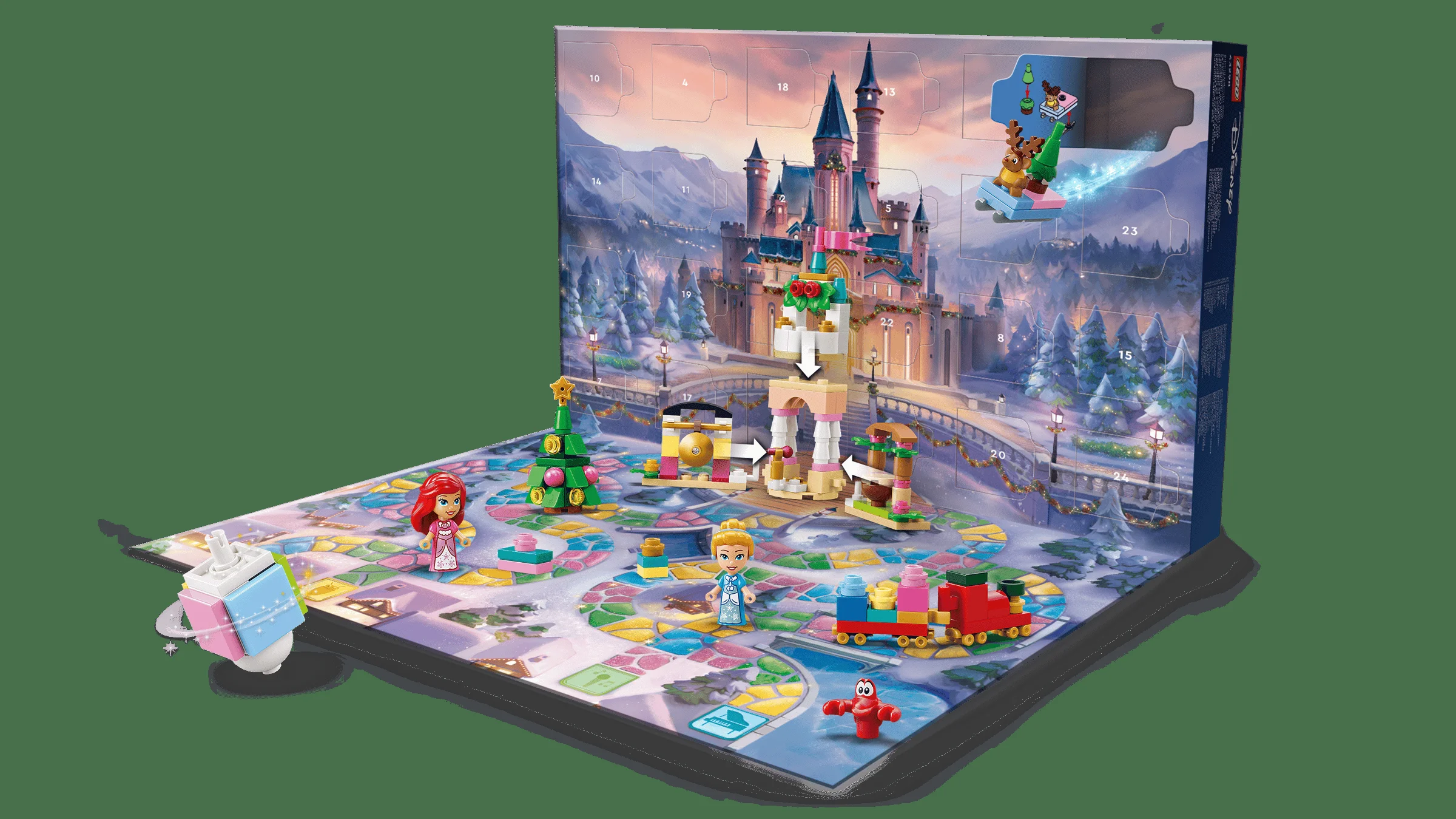 Calendarul de Advent Disney 2026 deschis, cu minifigurine și construcții pe o tablă de joc.