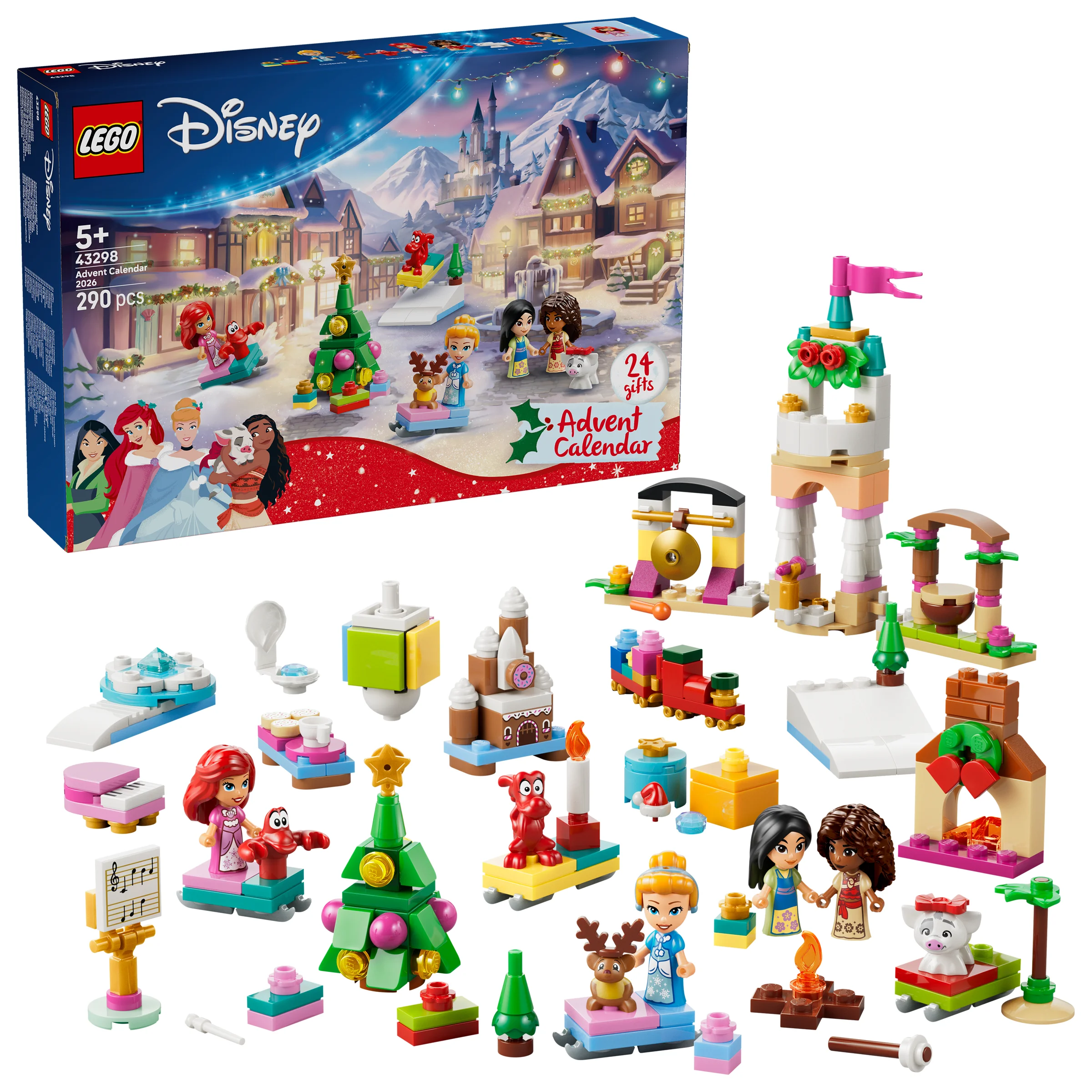 Imagine cu setul LEGO Disney Calendar Advent 2026 (43298). Conține cutia și cele 24 de mini-construcții.