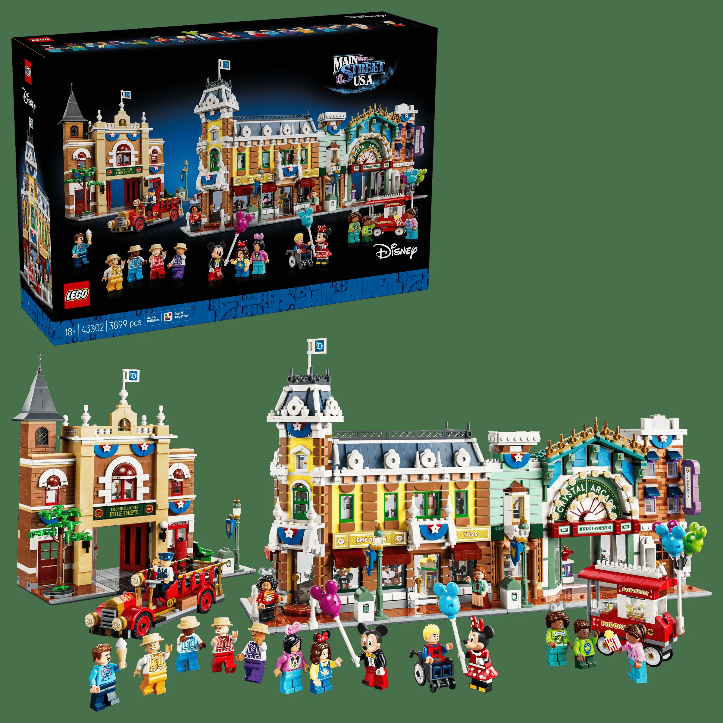 Imagine detaliată cu setul LEGO 43302 Main Street, U.S.A., arătând modelul construit și cutia.