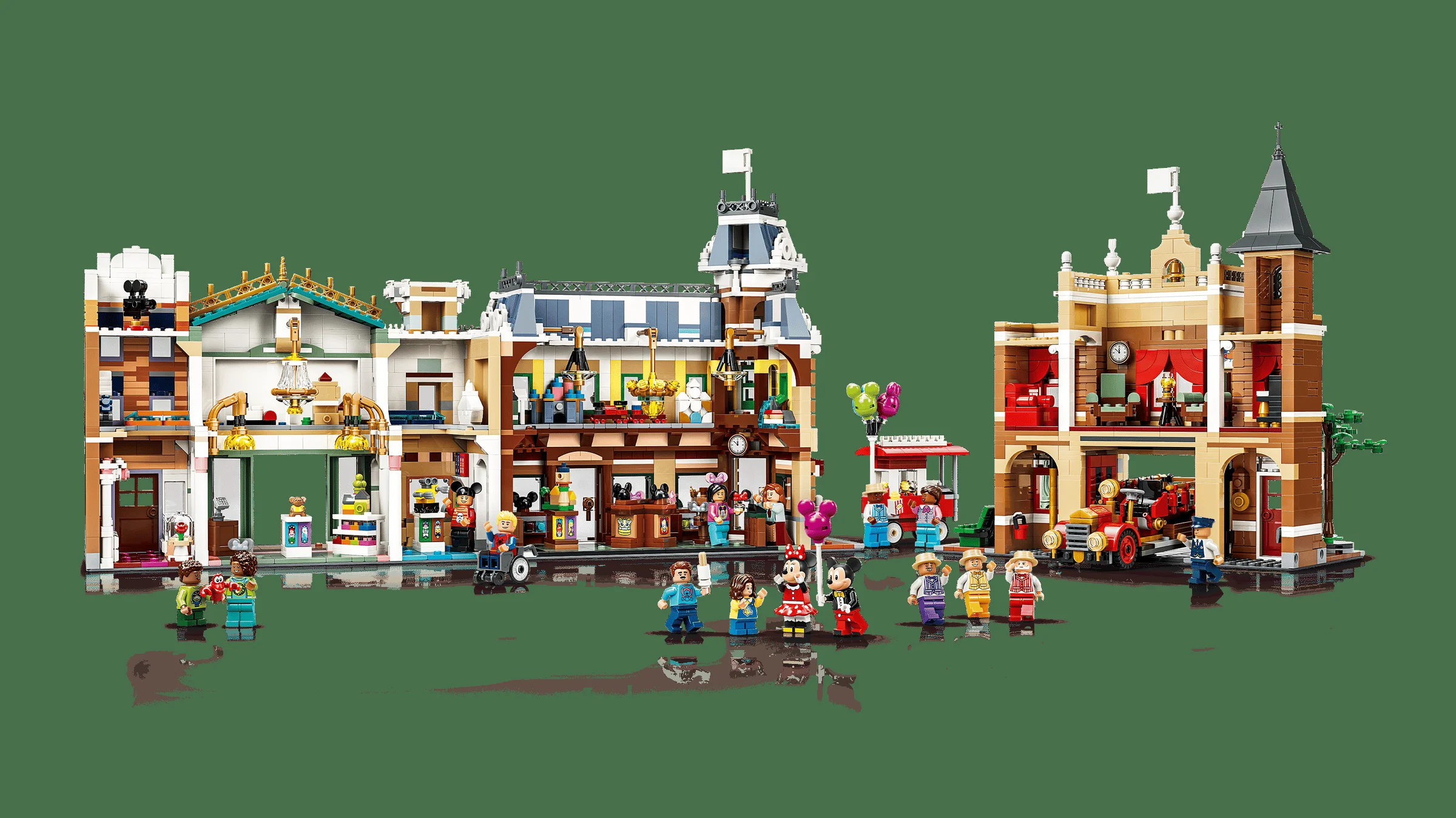 Imagine cu setul LEGO 43302, Main Street U.S.A., cu clădiri și minifigurine Disney.