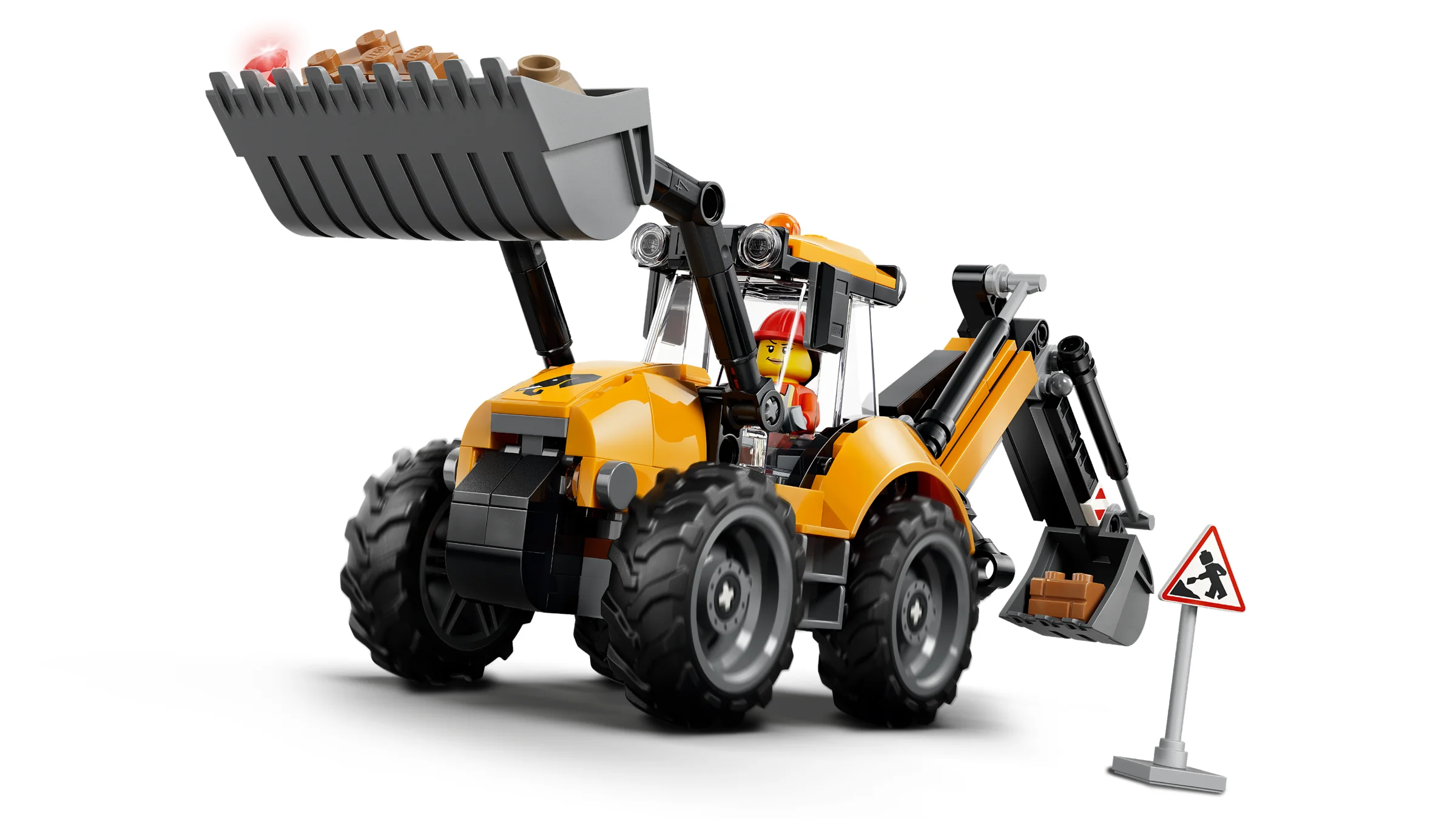 Excavatorul LEGO City 60480, cu cupă frontală ridicată și cupă spate încărcată. O jucărie grozavă!