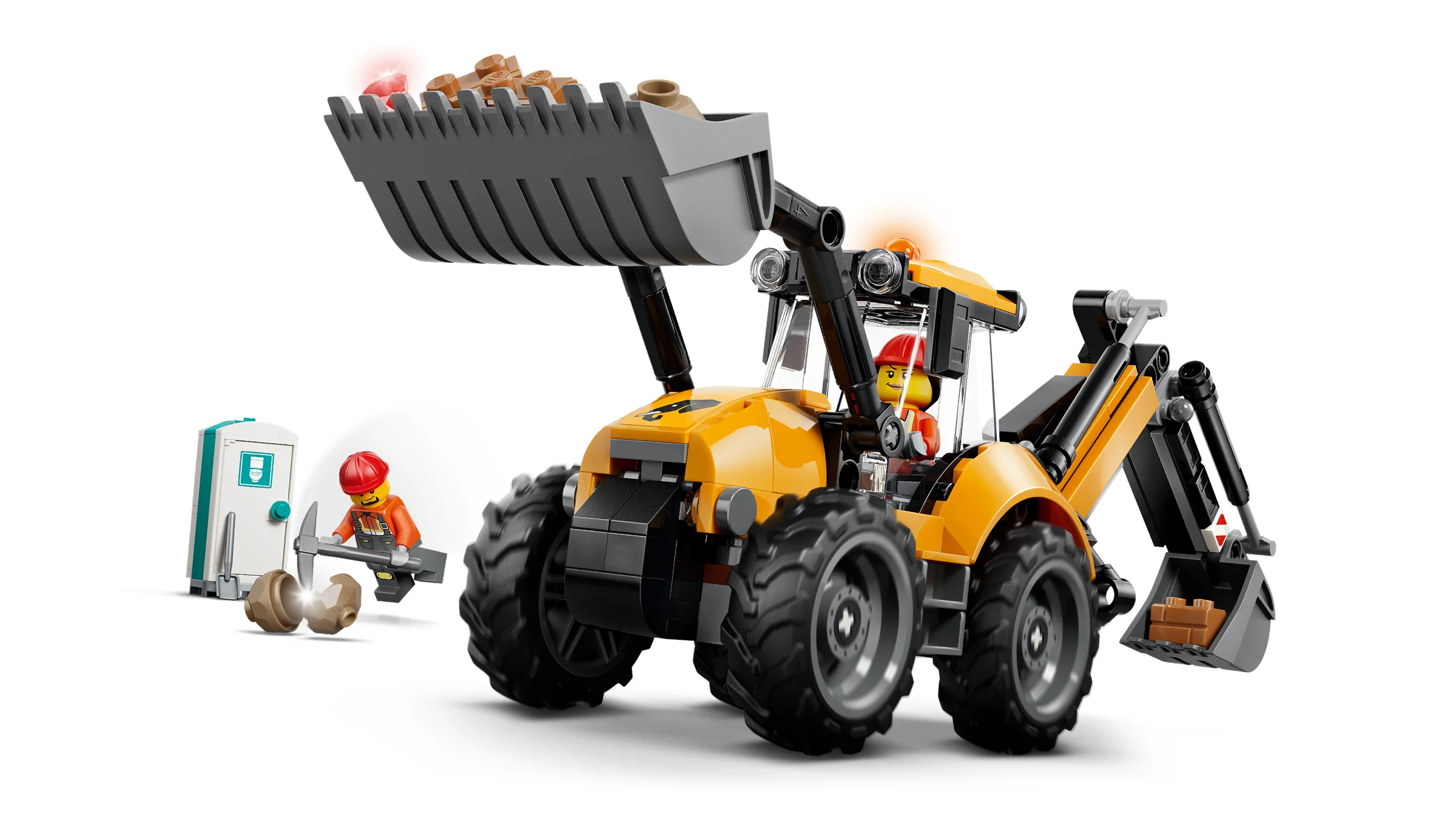 Imagine cu încărcătorul frontal LEGO 60480 și minifigurinele, ideală pentru a prezenta modelul.
