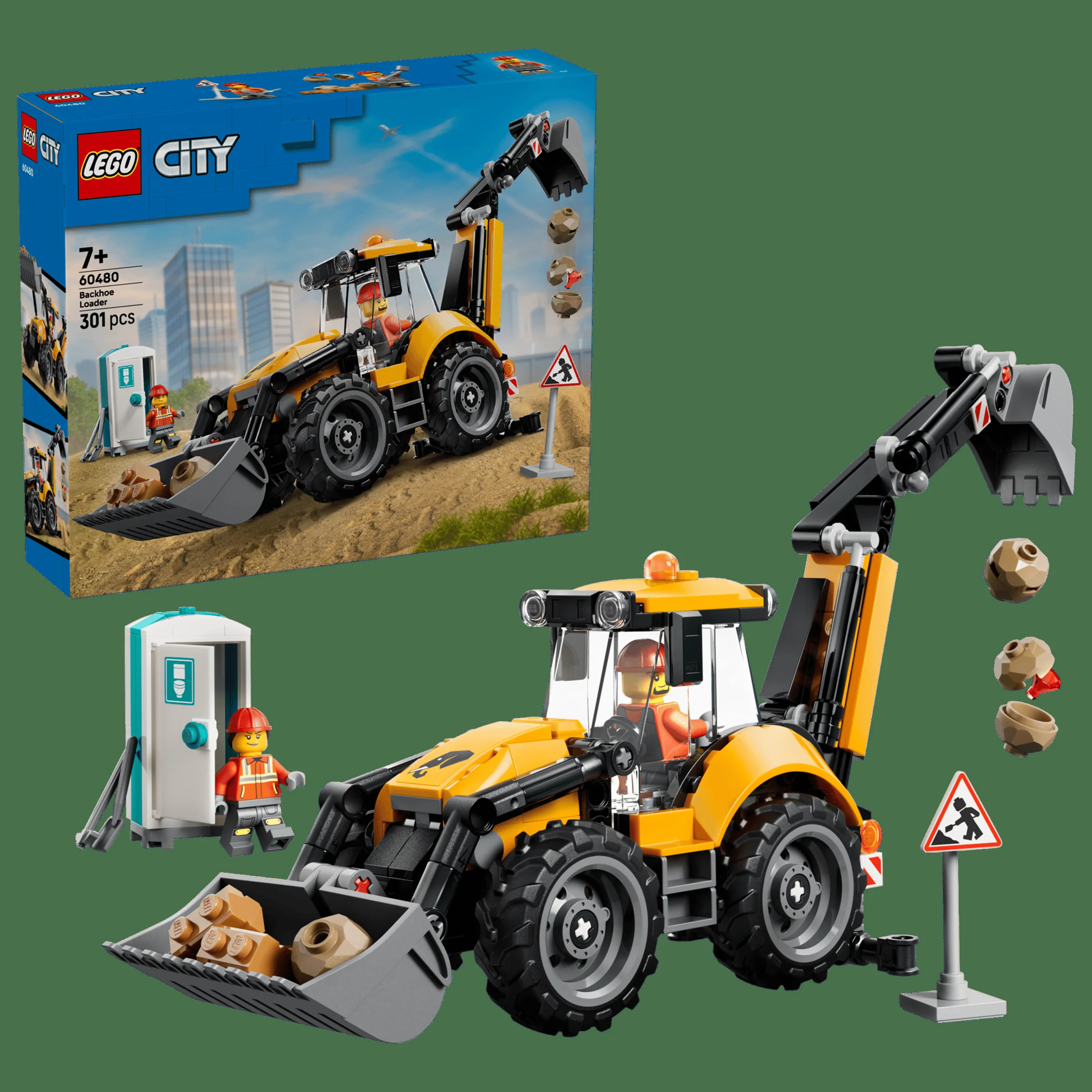 Imagine cu setul LEGO City 60480, un excavator galben, cabină, minifigurine și indicator de șantier.