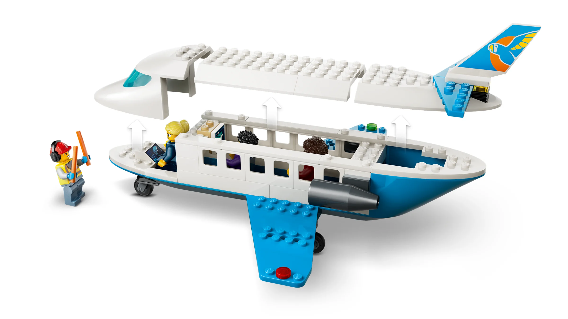 Avion de pasageri cu acoperiș detașabil, aripi albastre și personajele LEGO incluse.