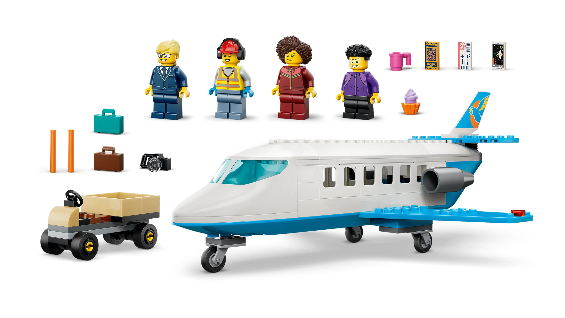 O imagine detaliată a setului LEGO 60492, avion de pasageri, cu minifigurine și accesorii.
