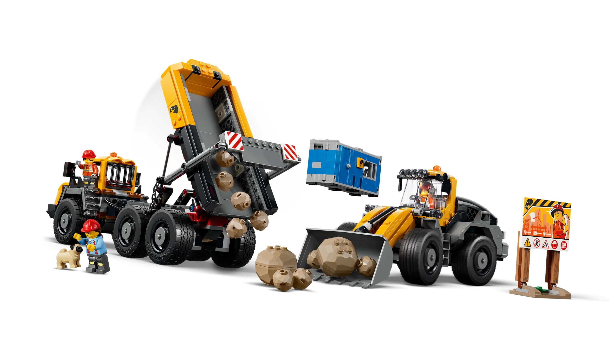 Imagine cu camionul basculant și încărcătorul frontal LEGO City 60494 în acțiune, cu minifigurine și accesorii.