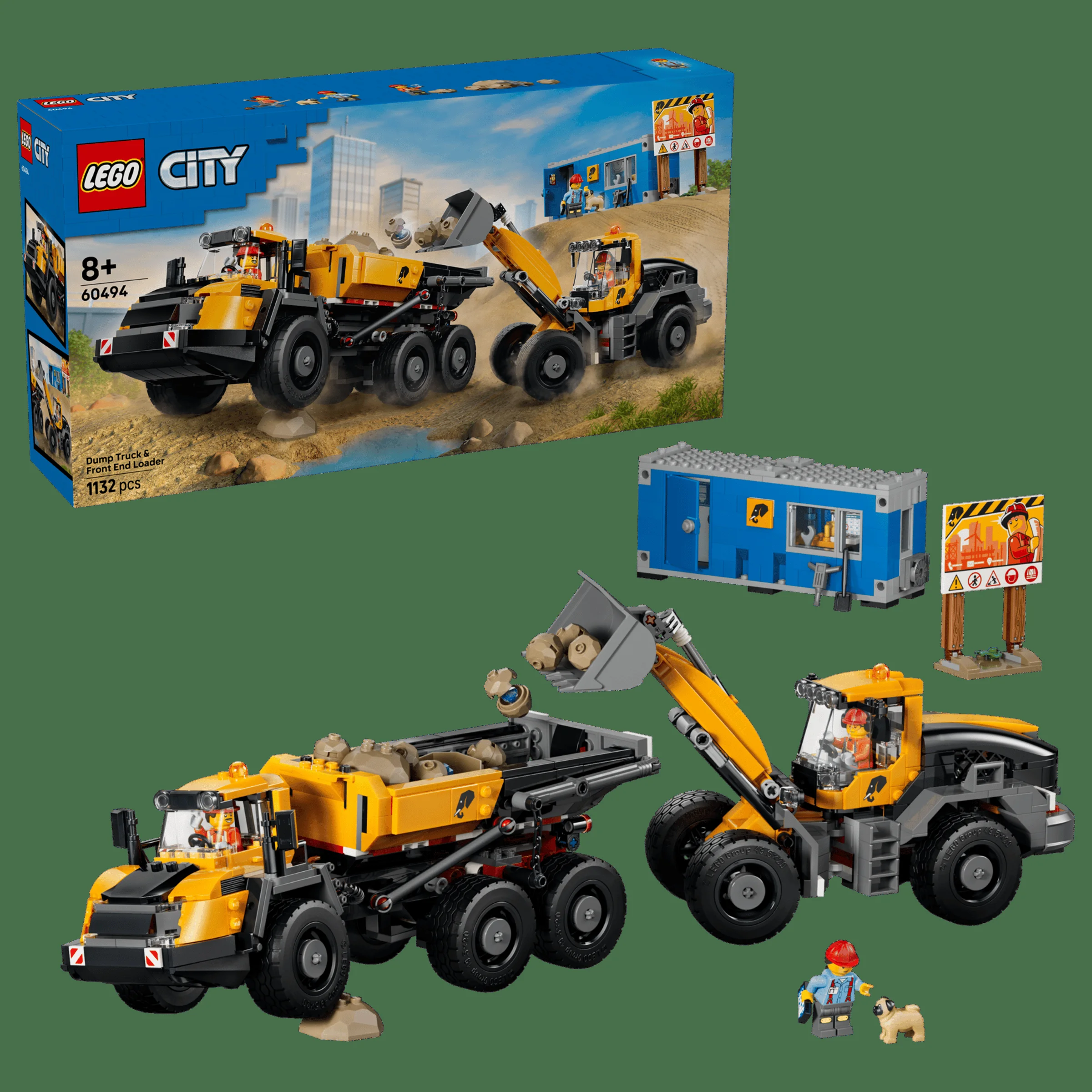 Imagine cu setul LEGO City 60494 Camion Basculant și Încărcător Frontal, inclusiv minifigurinele.