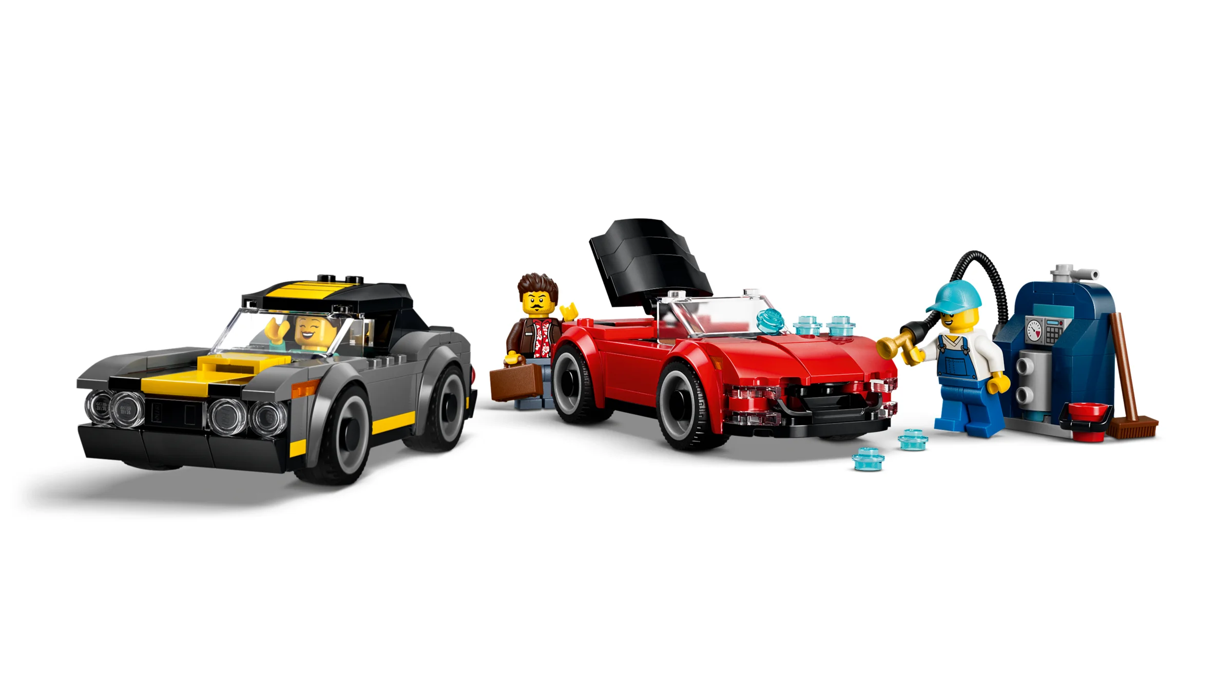 Imagine cu setul LEGO 60497, Spălătorie Auto Drive-Through, cu mașini și minifigurine.