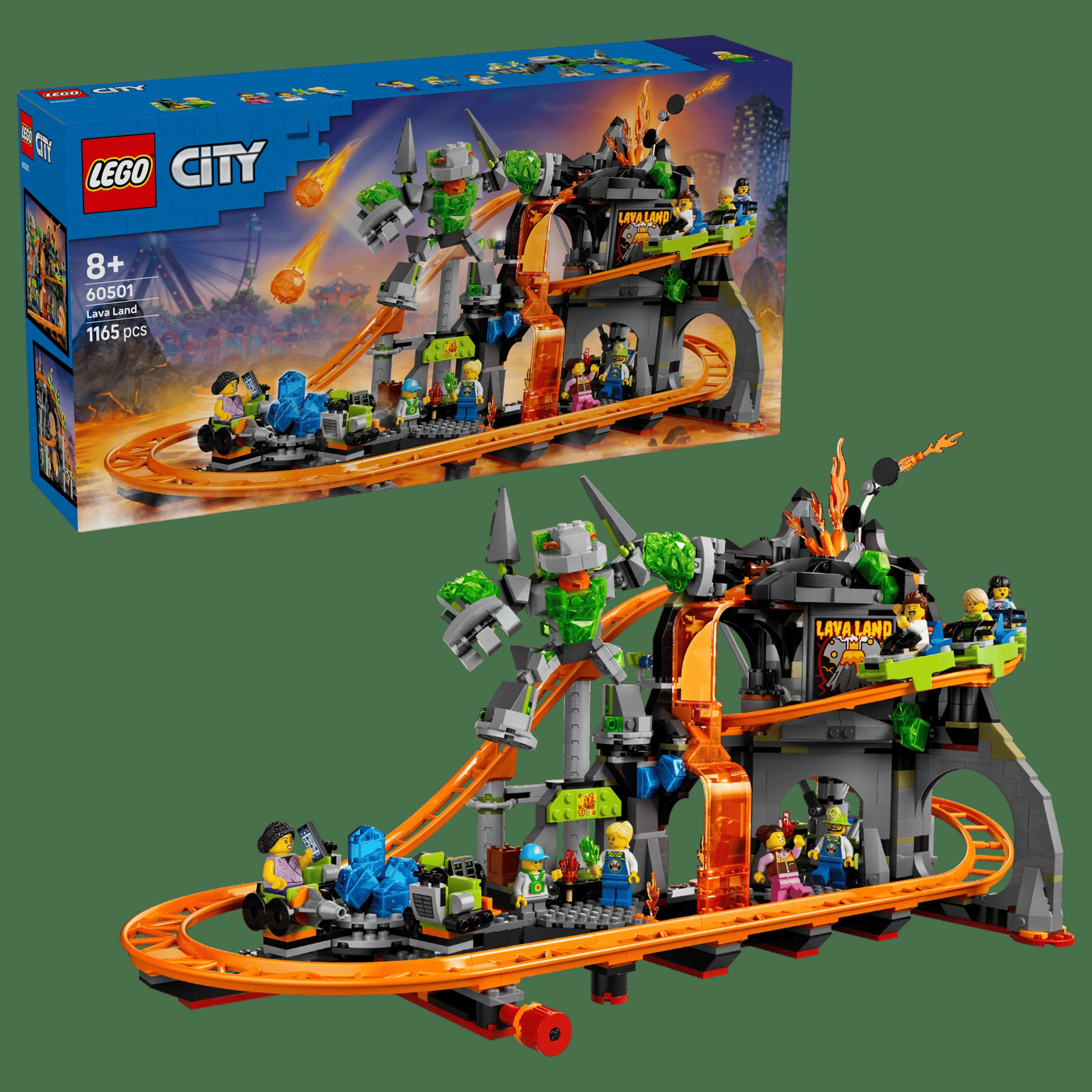 Imagine cu setul LEGO City 60501 Lava Land, ce include un roller-coaster tematic și minifigurine.