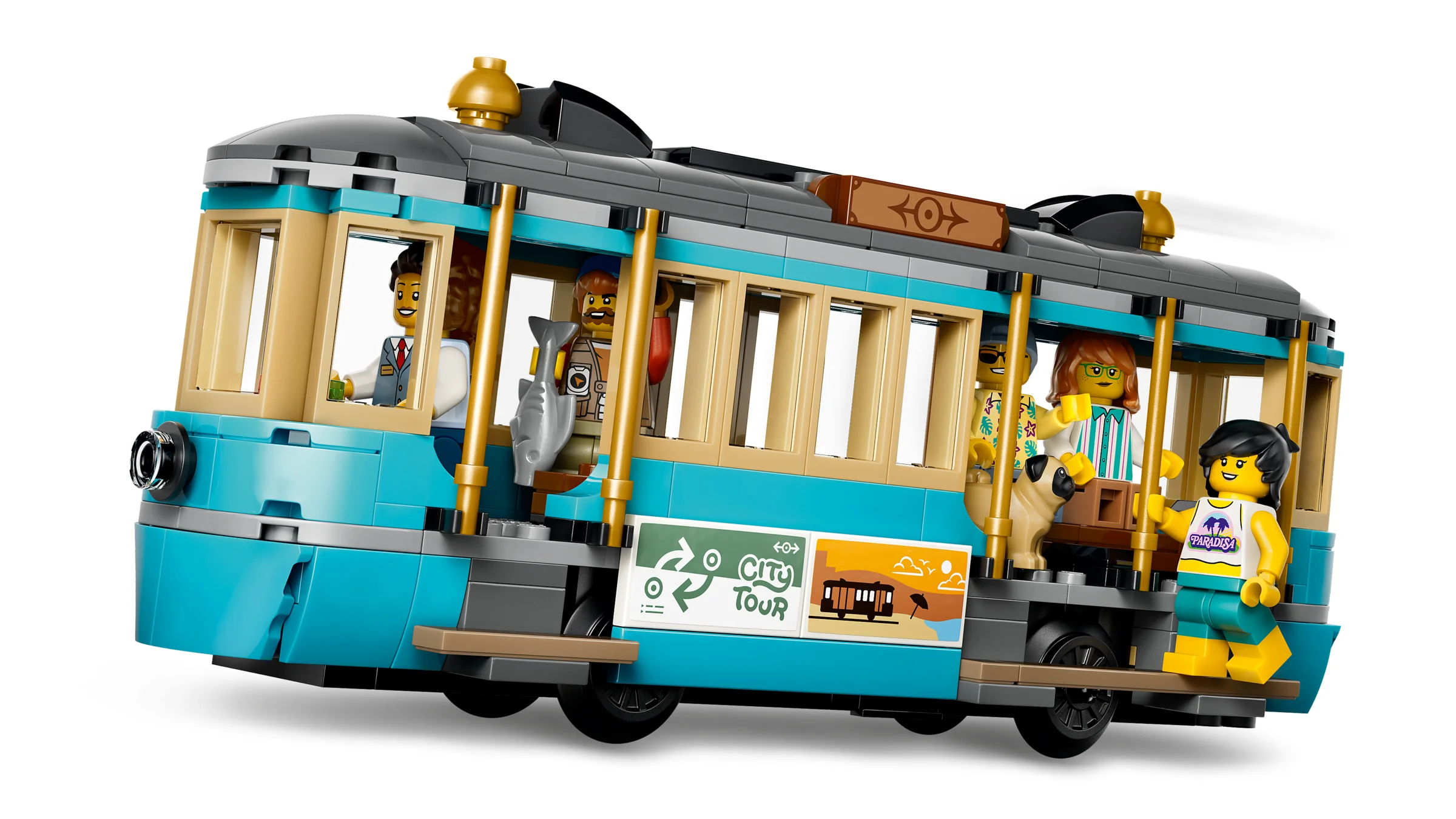 Imagine cu tramvaiul clasic de plajă LEGO City, model detaliat și plin de minifigurine.