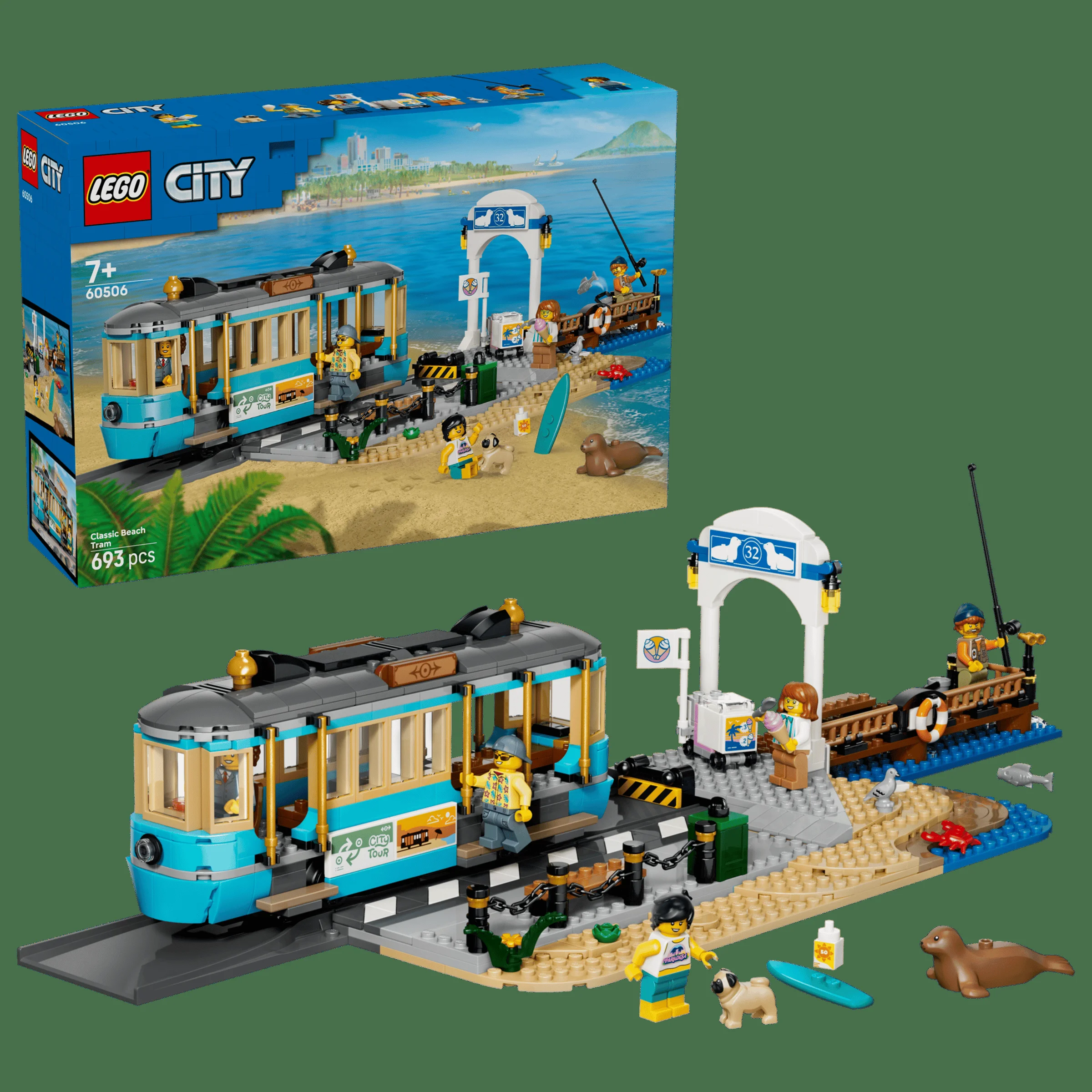 Imagine cu tramvaiul de plajă LEGO City 60506 și cutia, prezentând setul complet asamblat.