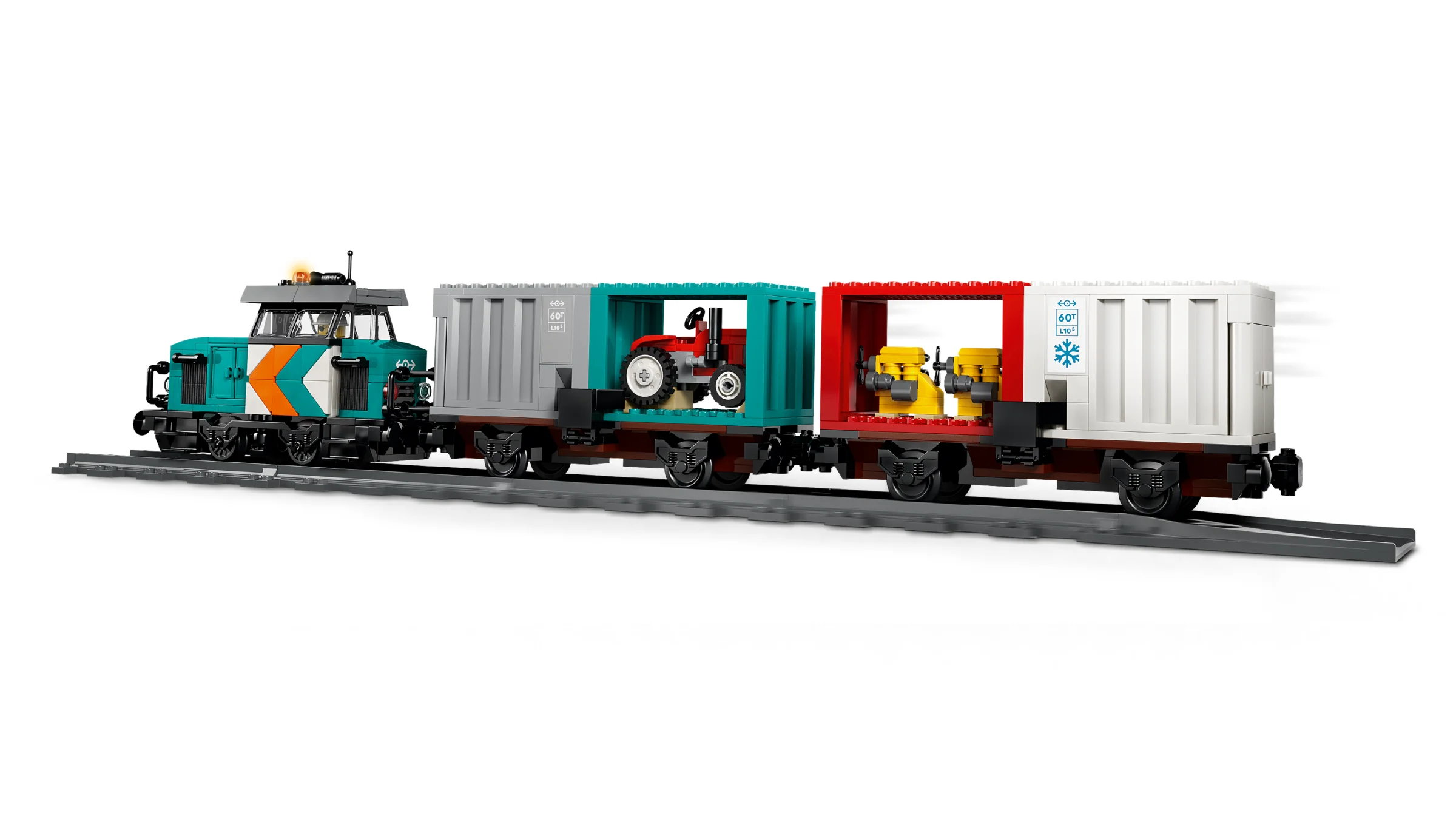 Tren de marfă colorat, cu locomotivă și vagoane încărcate. Set LEGO City 60509.