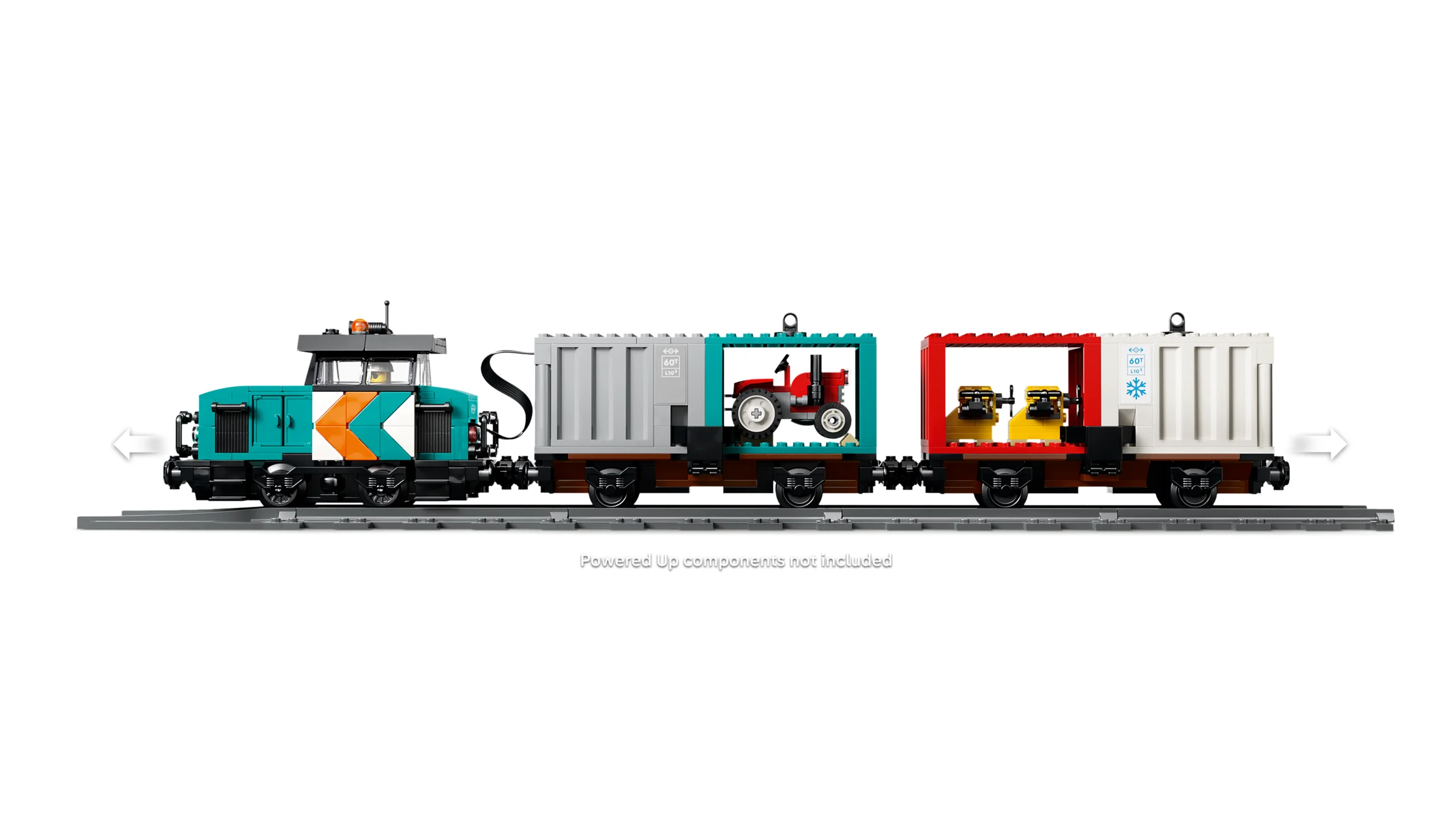 Imagine cu trenul de marfă 60509, cu locomotivă și vagoane transportând utilaje. Componente motorizate nu sunt incluse.